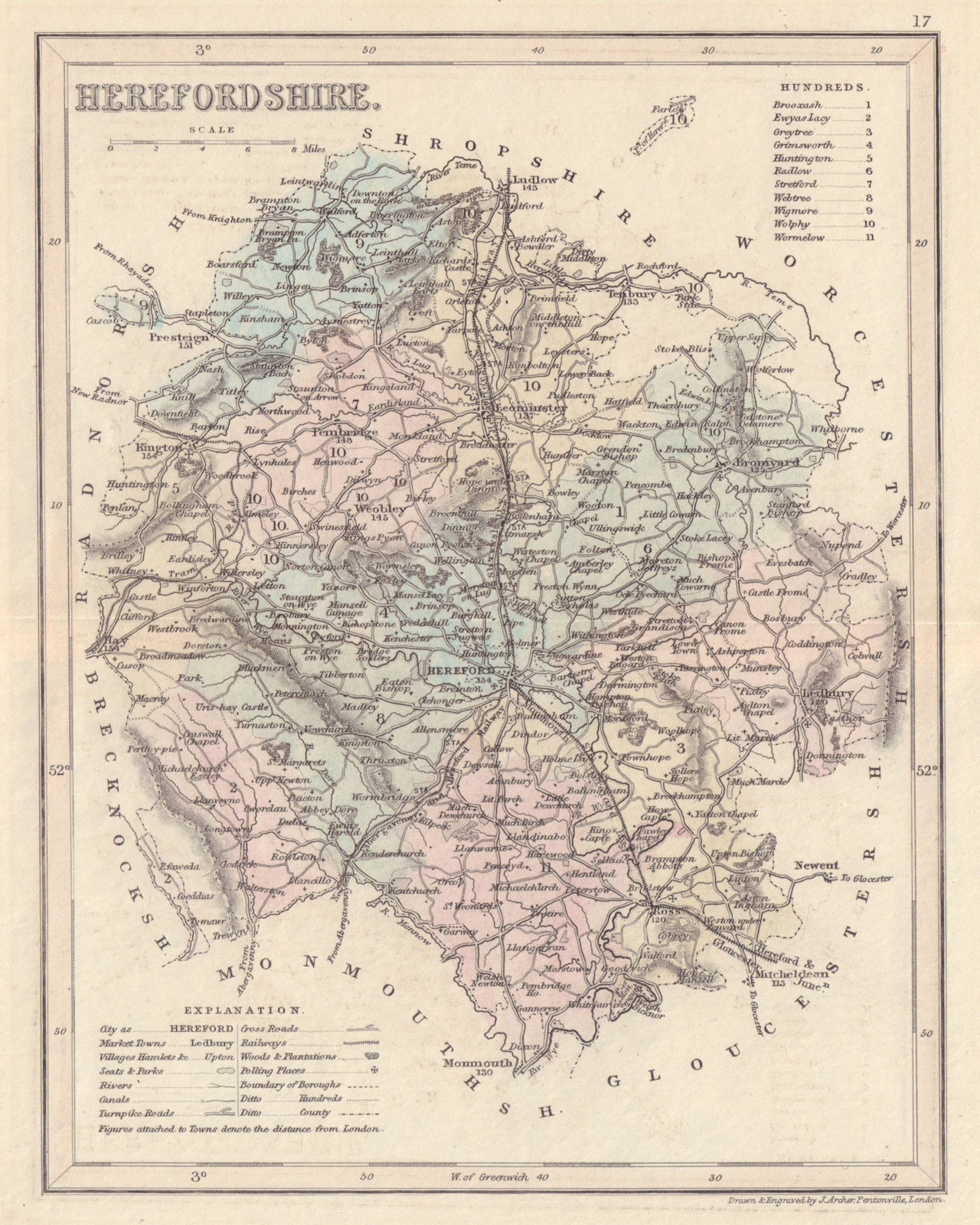 HEREFORDSHIRE county map by DUGDALE/ARCHER. Seats canals polling places 1845