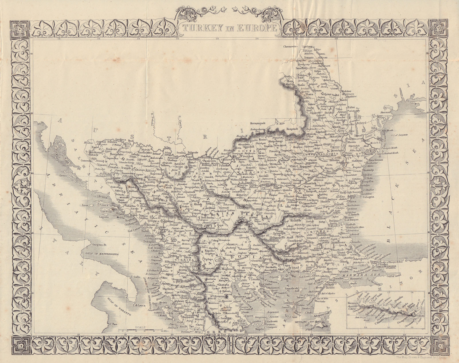 Turkey in Europe. Balkans. Scarce edition w/o vignettes. TALLIS/RAPKIN 1855 map