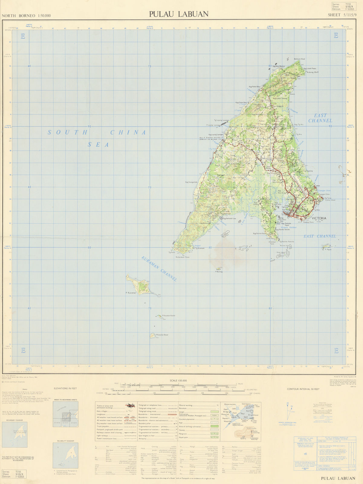 Pulau Labuan. Sabah Borneo. War office. Malaysia insurgency 1962 old map