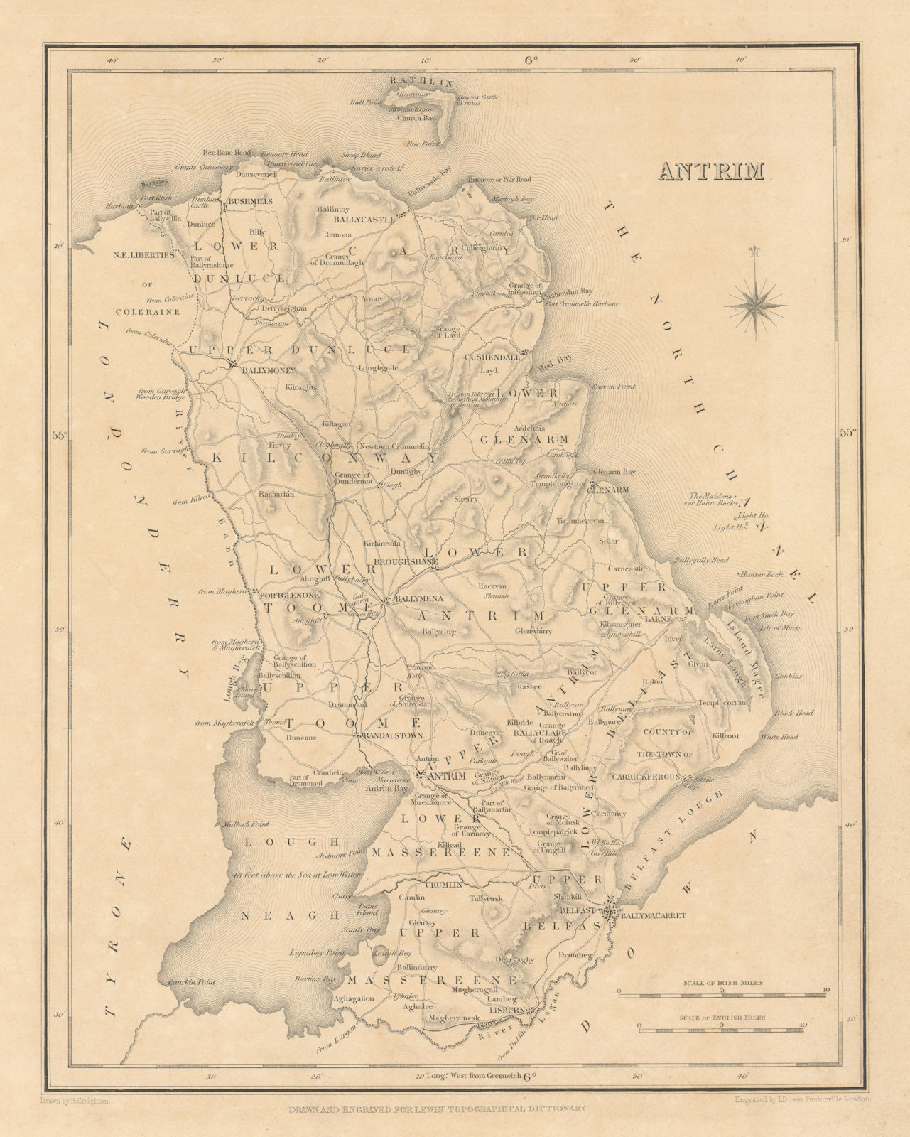 COUNTY ANTRIM antique map for LEWIS by CREIGHTON & DOWER - Ulster 1837 old