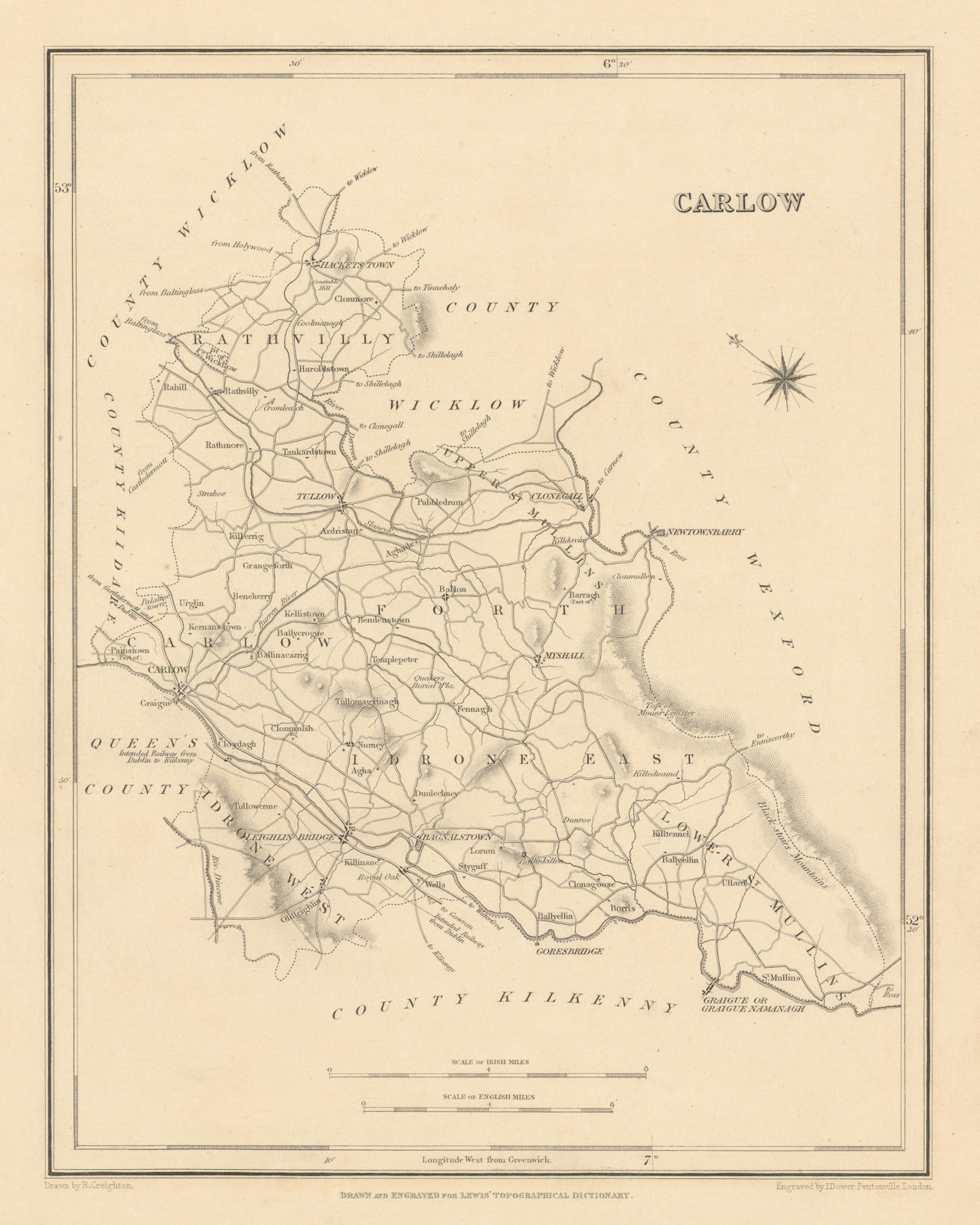 COUNTY CARLOW antique map for LEWIS by CREIGHTON & DOWER - Ireland 1837