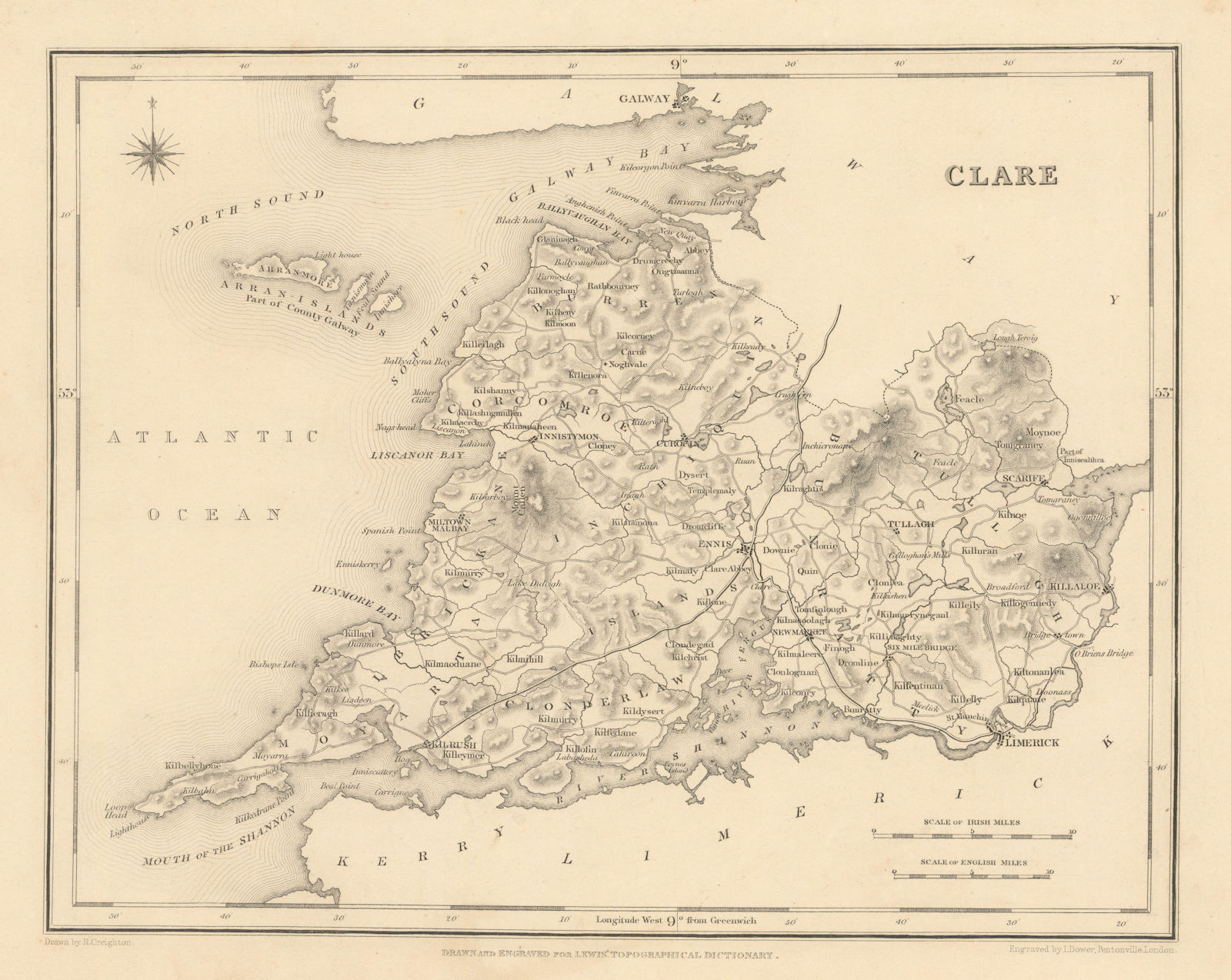 COUNTY CLARE antique map for LEWIS by CREIGHTON & DOWER - Ireland 1837 old