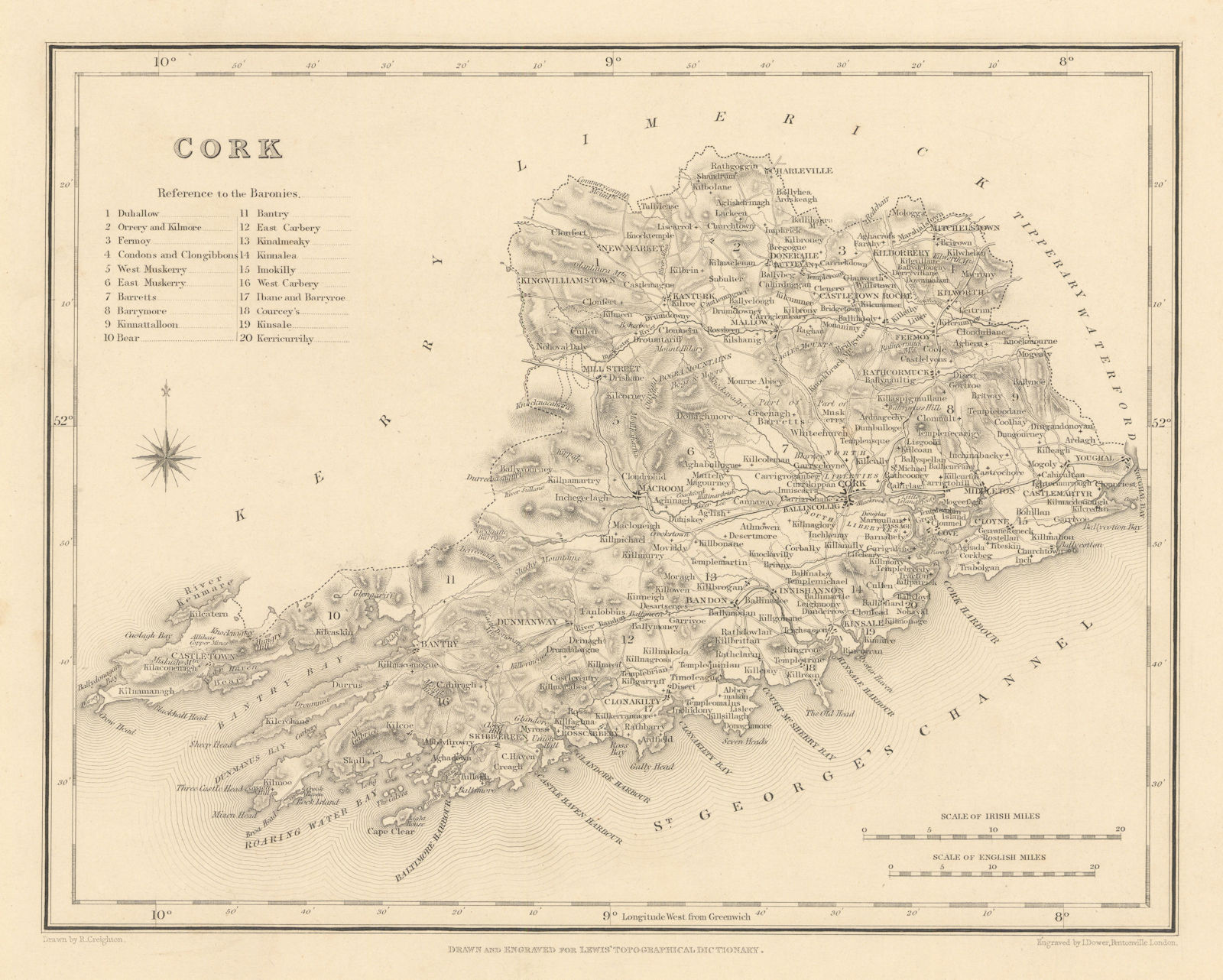 COUNTY CORK antique map for LEWIS by CREIGHTON & DOWER - Ireland 1837 old