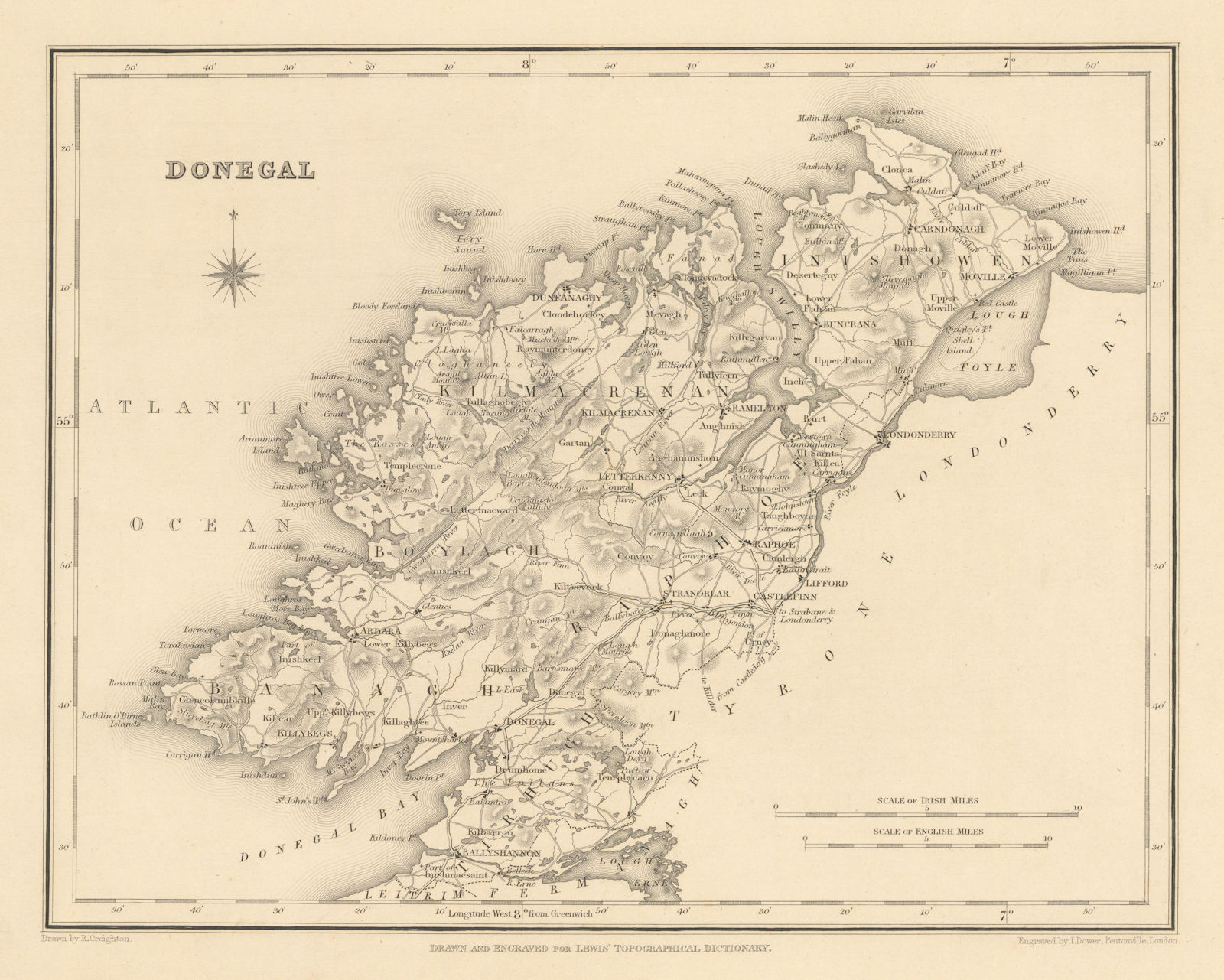 COUNTY DONEGAL antique map for LEWIS by CREIGHTON & DOWER - Ireland 1837