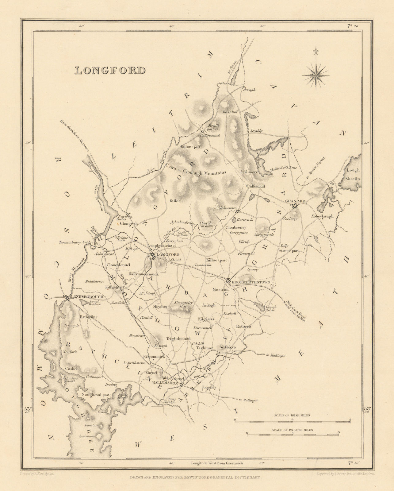 COUNTY LONGFORD antique map for LEWIS by CREIGHTON & DOWER - Ireland 1837