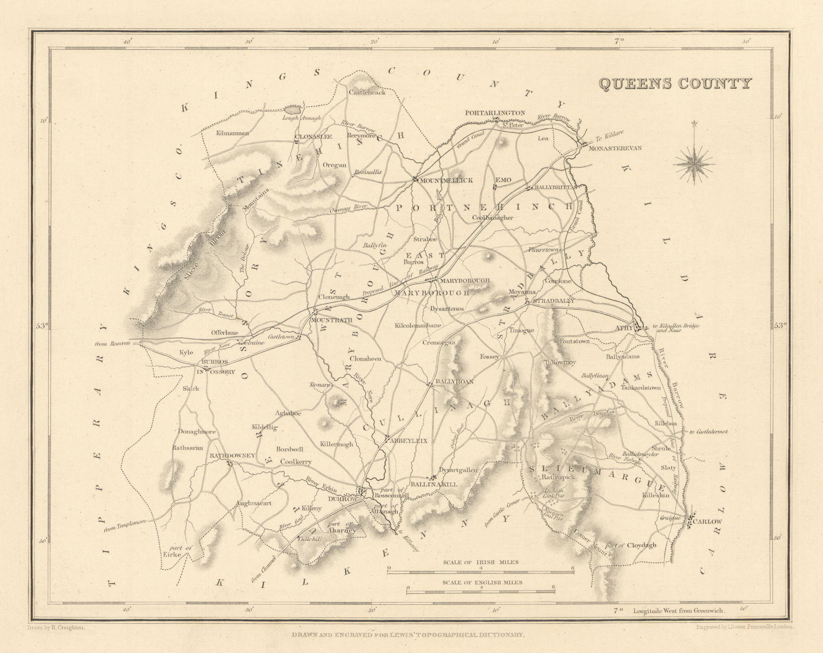 QUEENS COUNTY (LAOIS) antique map for LEWIS - CREIGHTON & DOWER - Ireland 1837