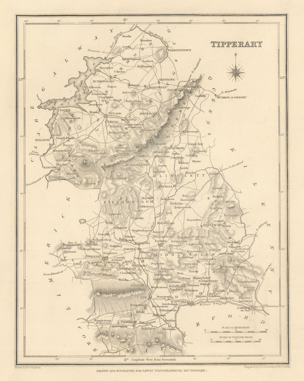 COUNTY TIPPERARY antique map for LEWIS by CREIGHTON & DOWER - Ireland 1837
