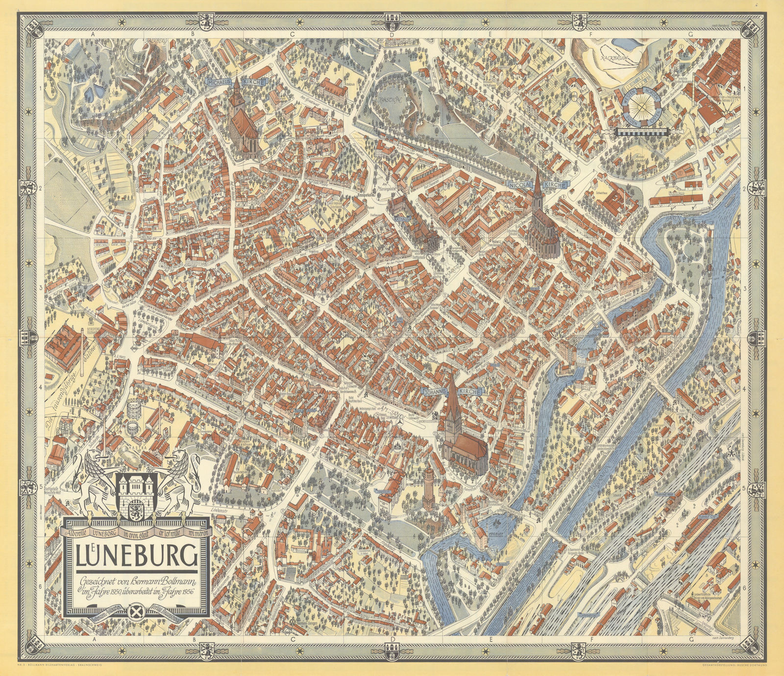 Associate Product Lüneburg pictorial bird's eye view city plan #3 by Hermann Bollmann 1956 map