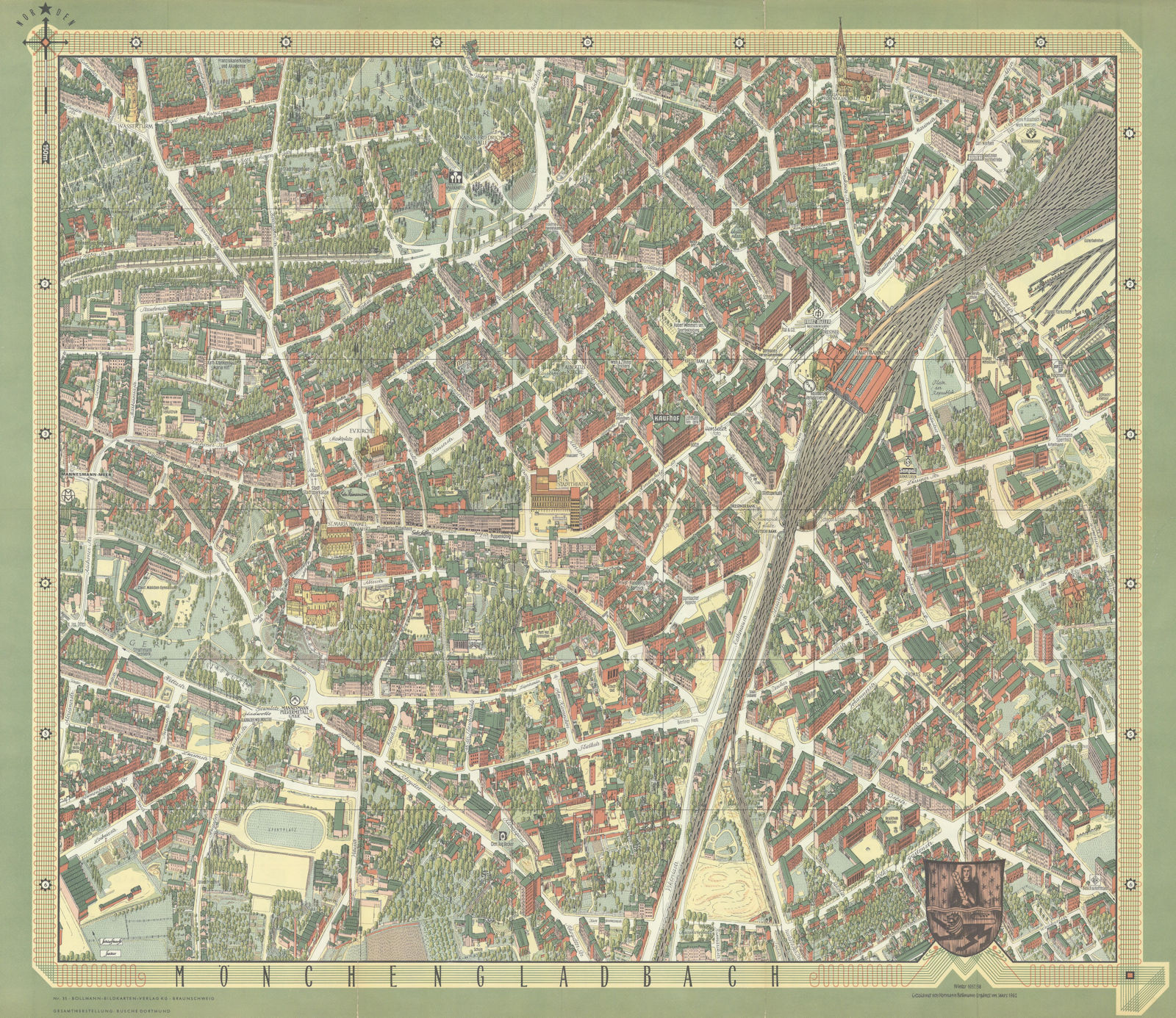 Mönchengladbach pictorial bird's eye view city plan #35 BOLLMANN 1962 old map