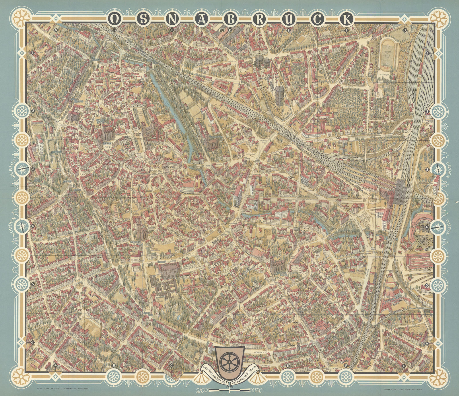 Associate Product Osnabrück pictorial bird's eye view city plan #16 by Hermann Bollmann 1957 map