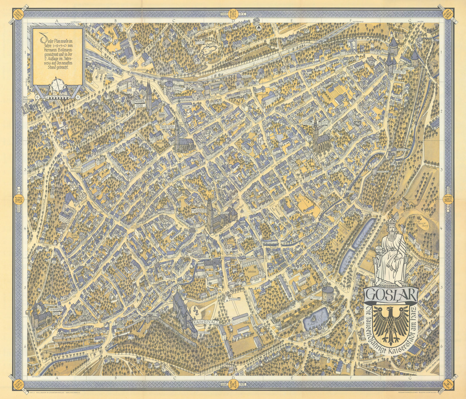 Associate Product Goslar pictorial bird's eye view city plan #2 by Hermann Bollmann 1956 old map