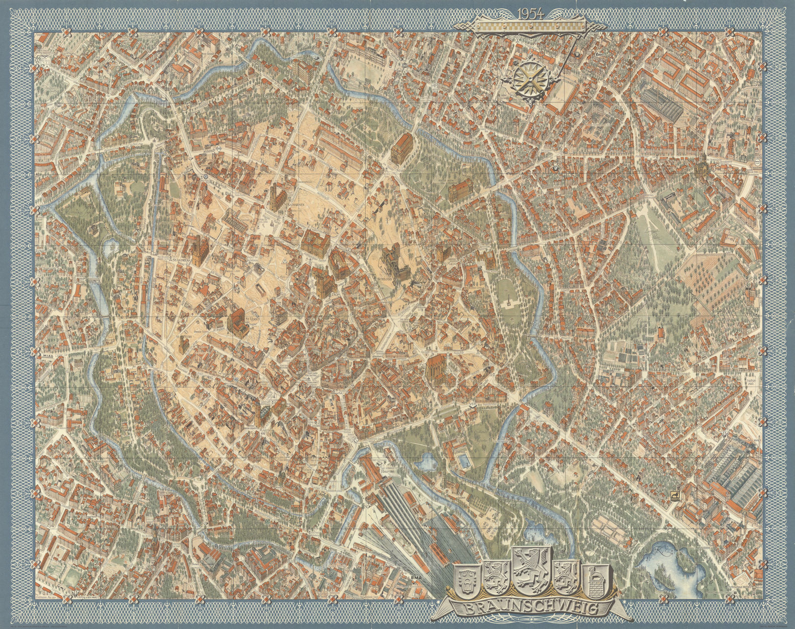 Braunschweig Brunswick pictorial bird's eye view city plan #10 BOLLMANN 1954 map