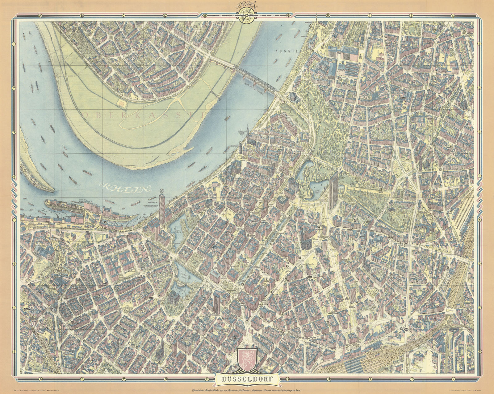 Düsseldorf pictorial bird's eye view city plan #18 by Hermann Bollmann 1957 map