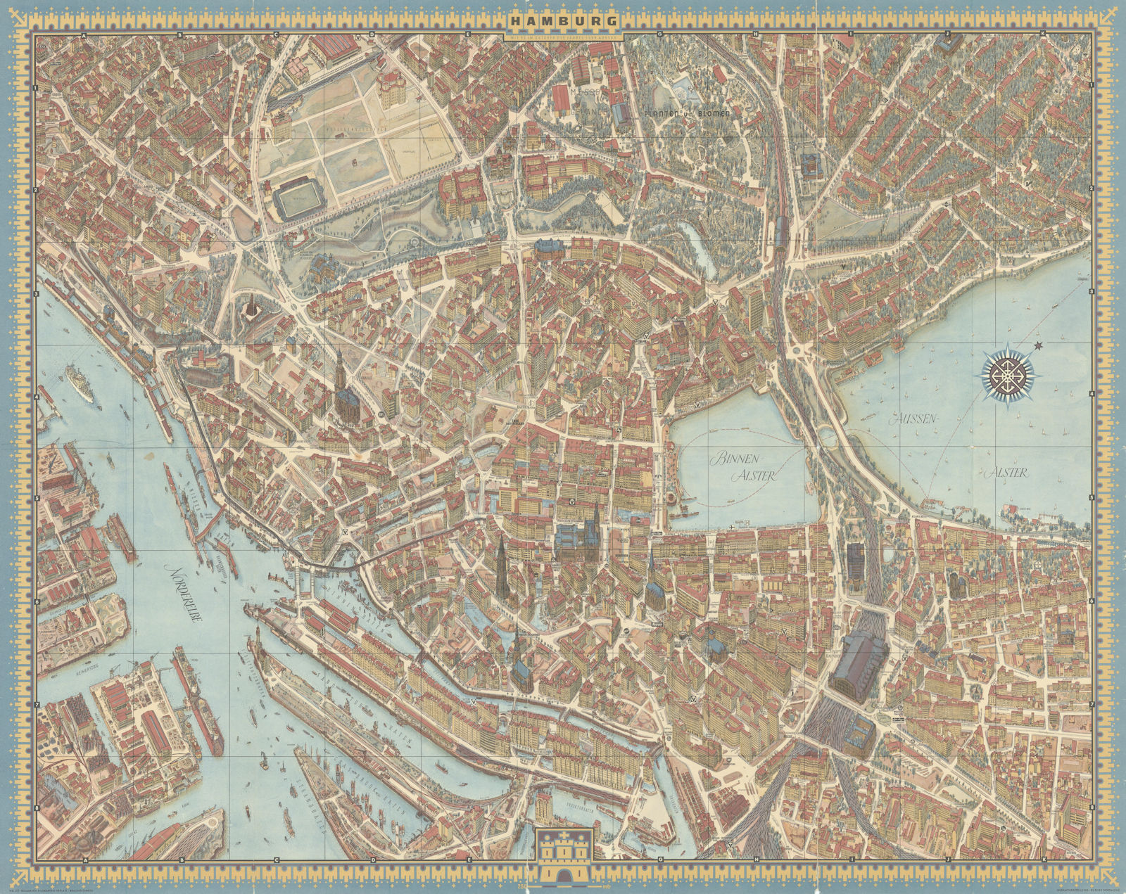 Hamburg pictorial bird's eye view city plan #20 by Hermann Bollmann 1958 map
