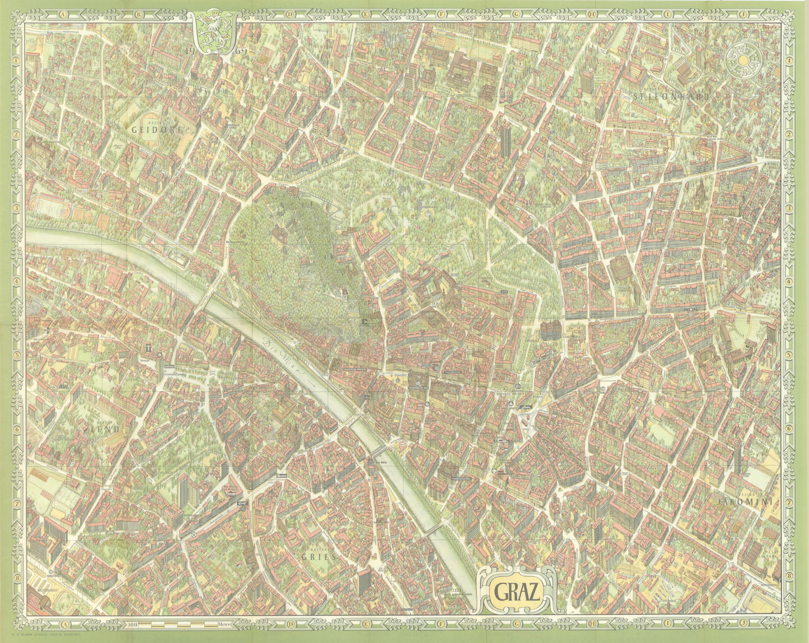 Graz pictorial bird's eye view city plan. Austria. #102 BOLLMANN 1969 old map
