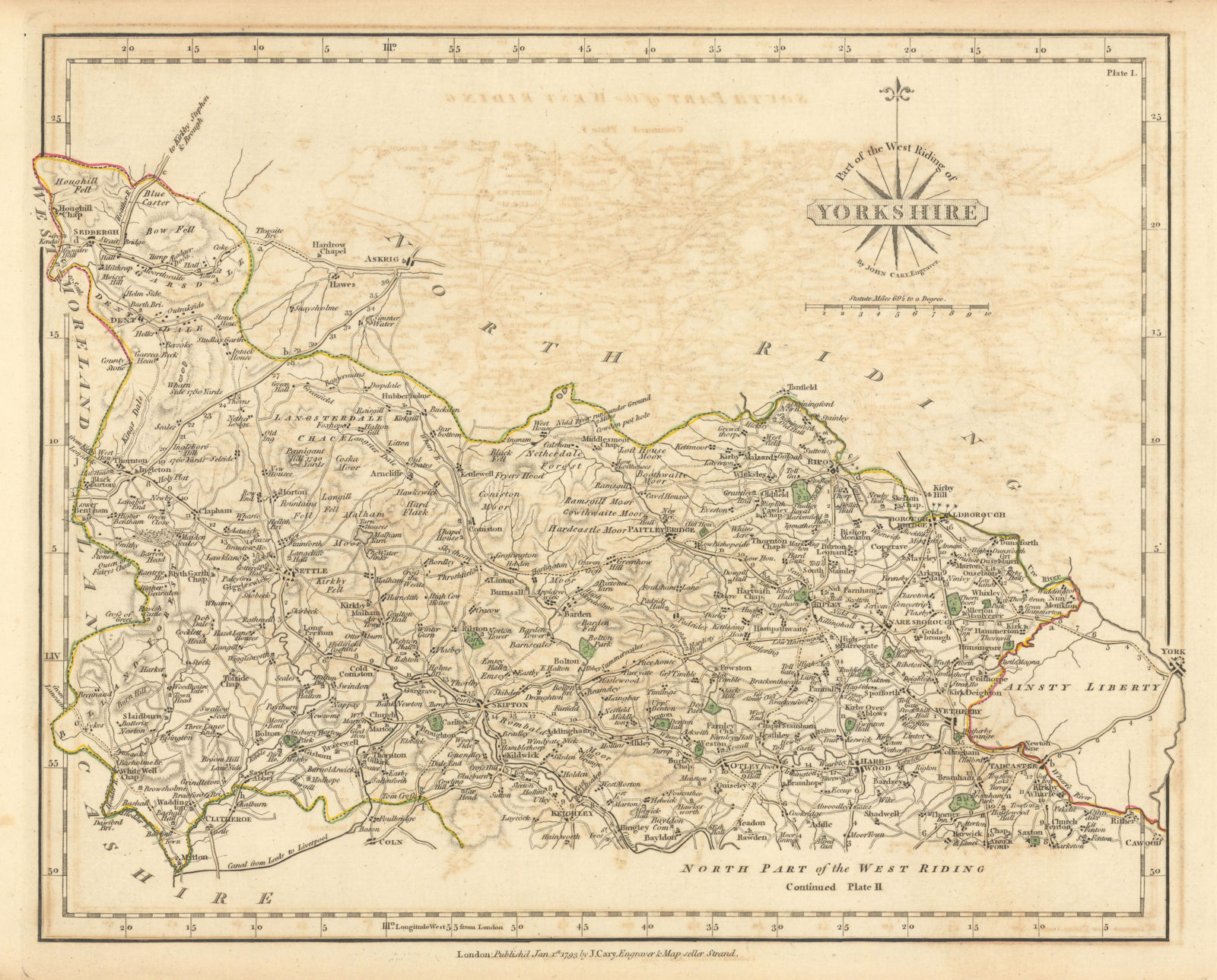 Associate Product WEST RIDING OF YORKSHIRE-SOUTH antique map by JOHN CARY. Original colour 1793