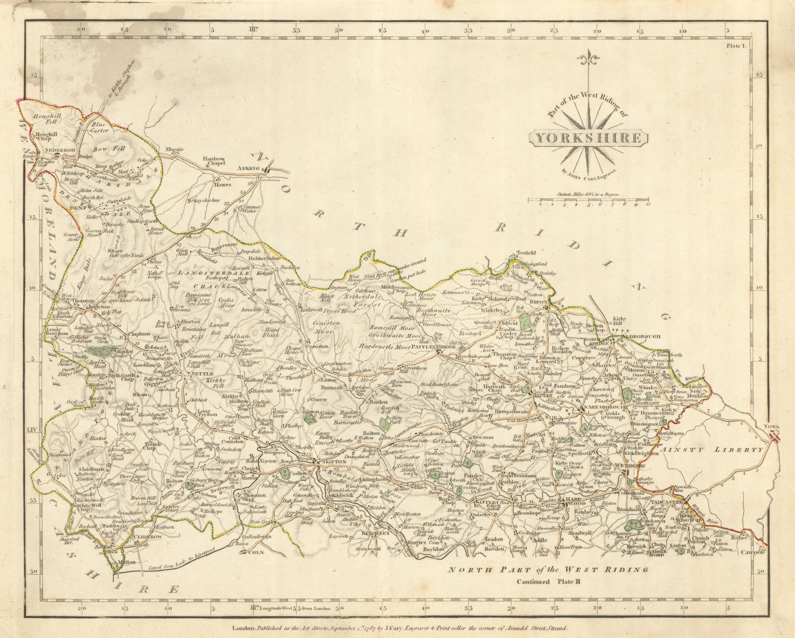 WEST RIDING OF YORKSHIRE-NORTH antique map by JOHN CARY. Original colour 1793