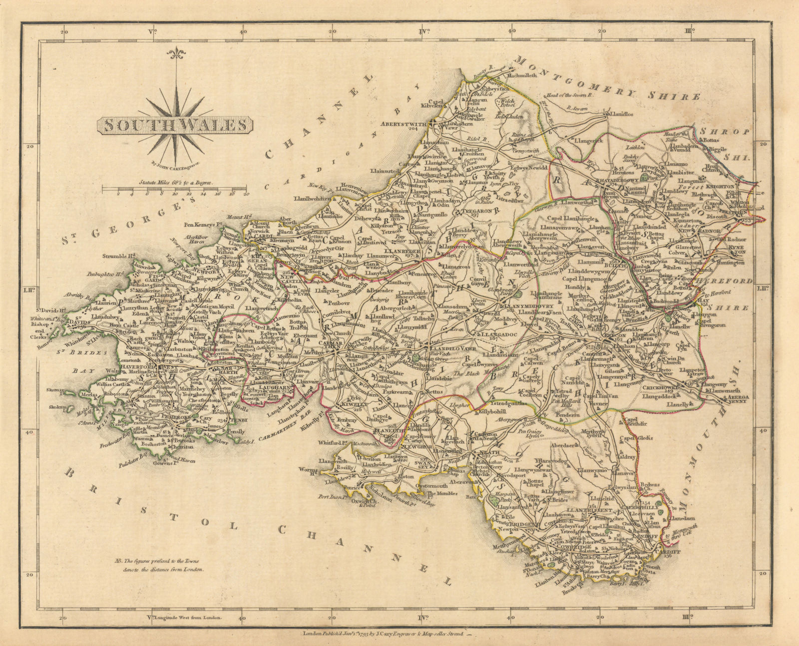 Associate Product Antique map of SOUTH WALES by JOHN CARY. Original outline colour 1793 old
