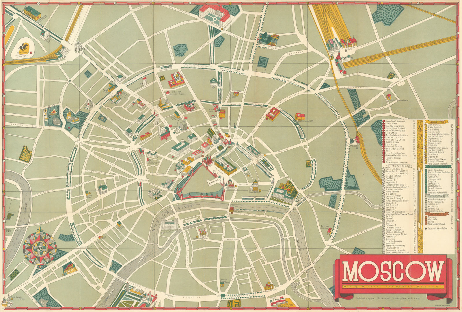 Pictorial tourist map of Moscow by Michael Getmanski / Intourist c1930 old