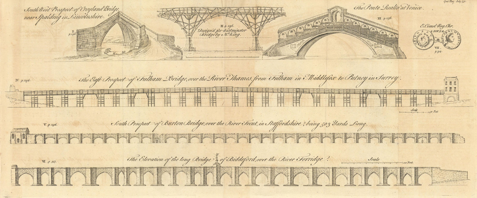 Bridges. Croyland Westminster Putney Burton Bideford Ponte Realto, Venice 1751