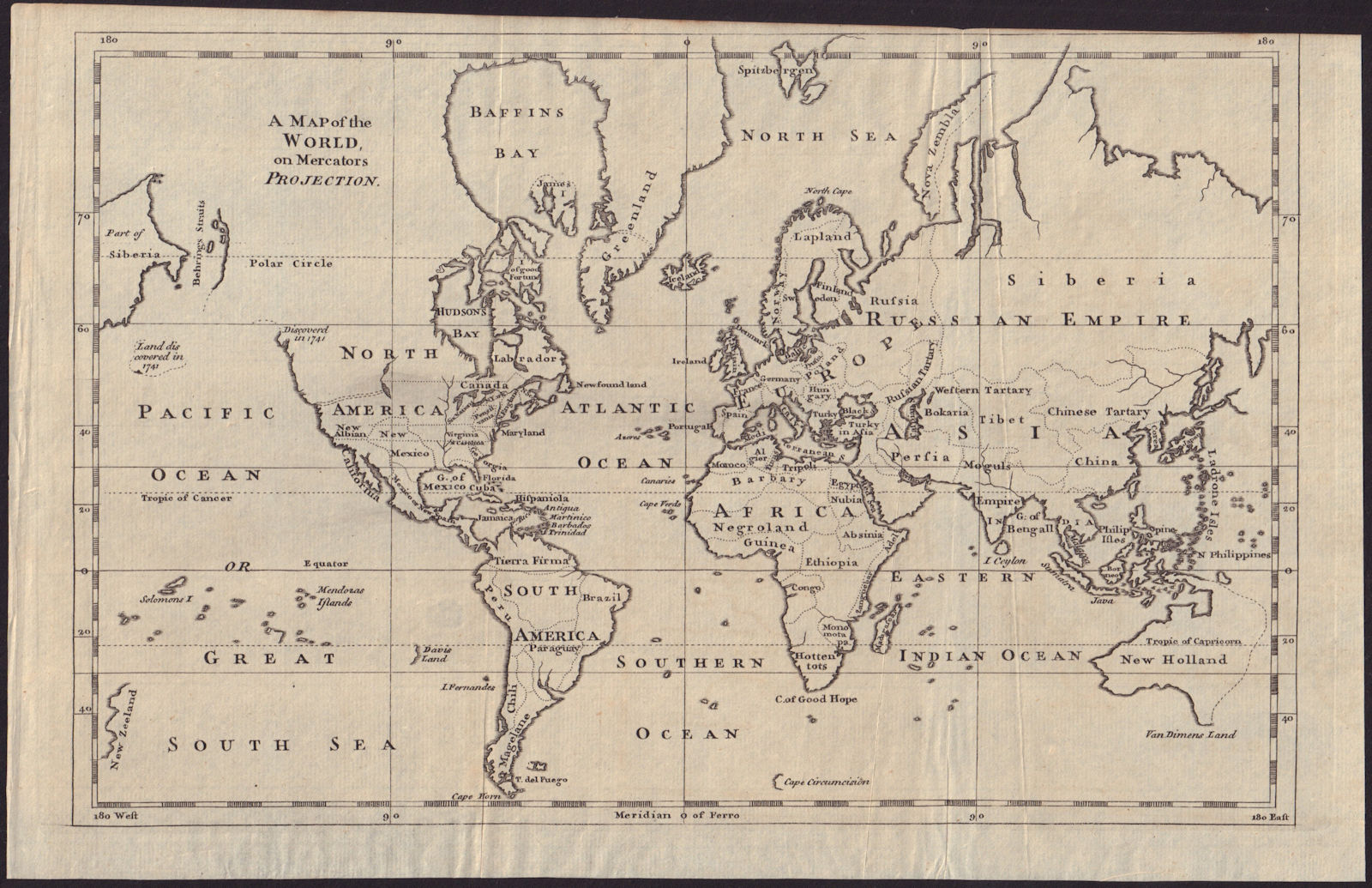 A map of the world on Mercators Projection. Davis Land. GENTS MAG 1755 old