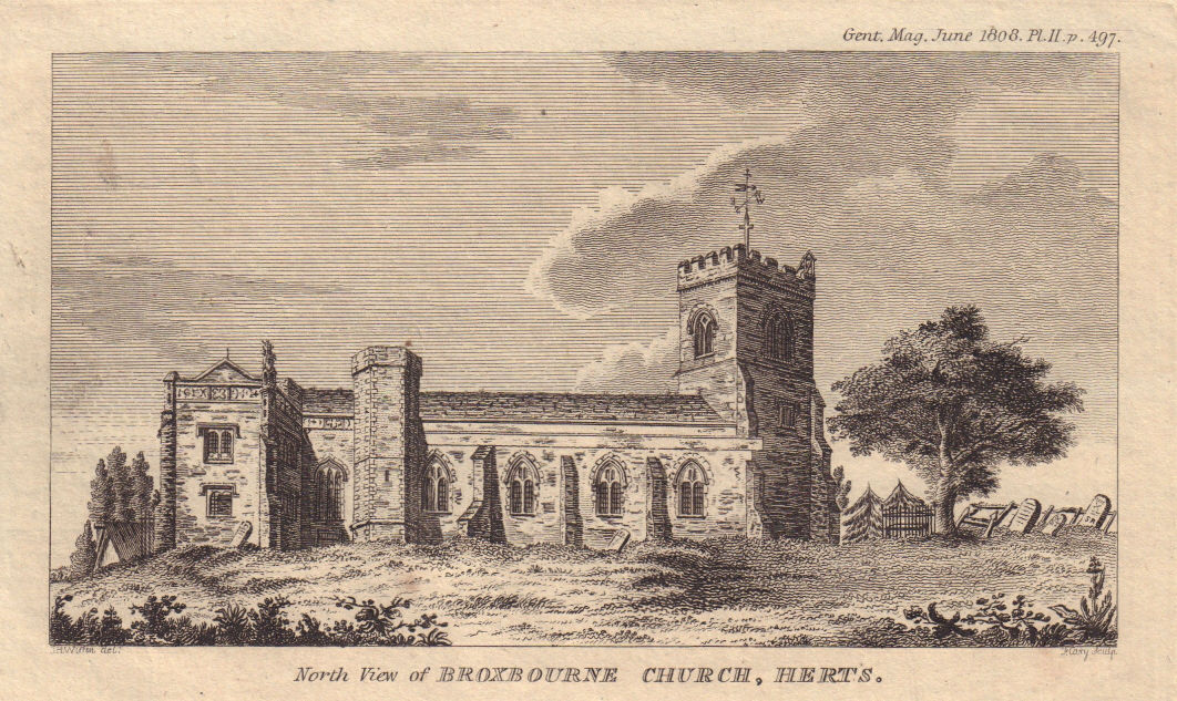 North view of St Augustine's Church in Broxbourne, Hertfordshire 1808 print