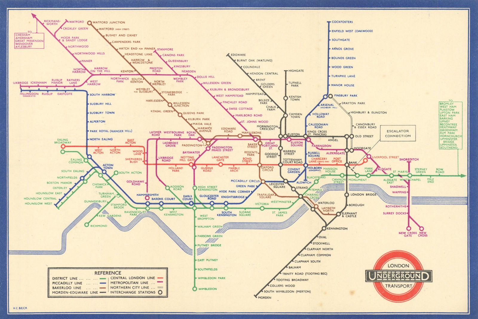 LONDON UNDERGROUND tube map diagram of lines. Middle Circle. HARRY BECK #2 1936