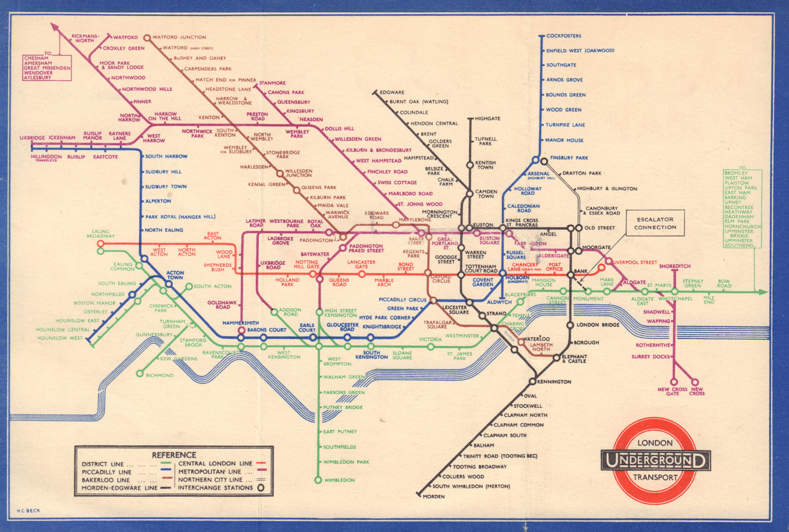 LONDON UNDERGROUND tube map diagram of lines. Middle Circle. HARRY BECK #2 1936