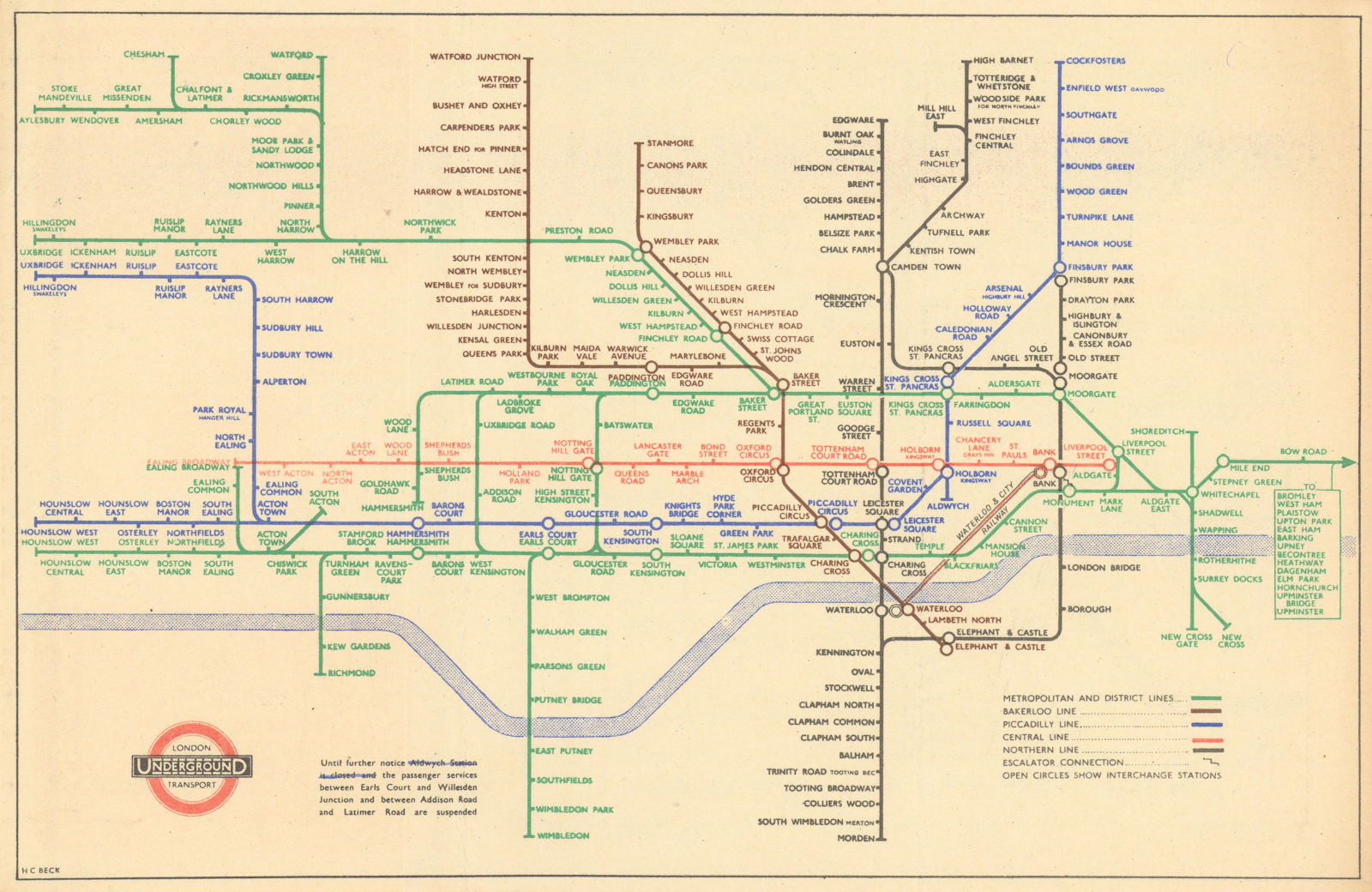 LONDON UNDERGROUND tube map plan. Addison/Uxbridge Rd - Middle Circle. BECK 1945