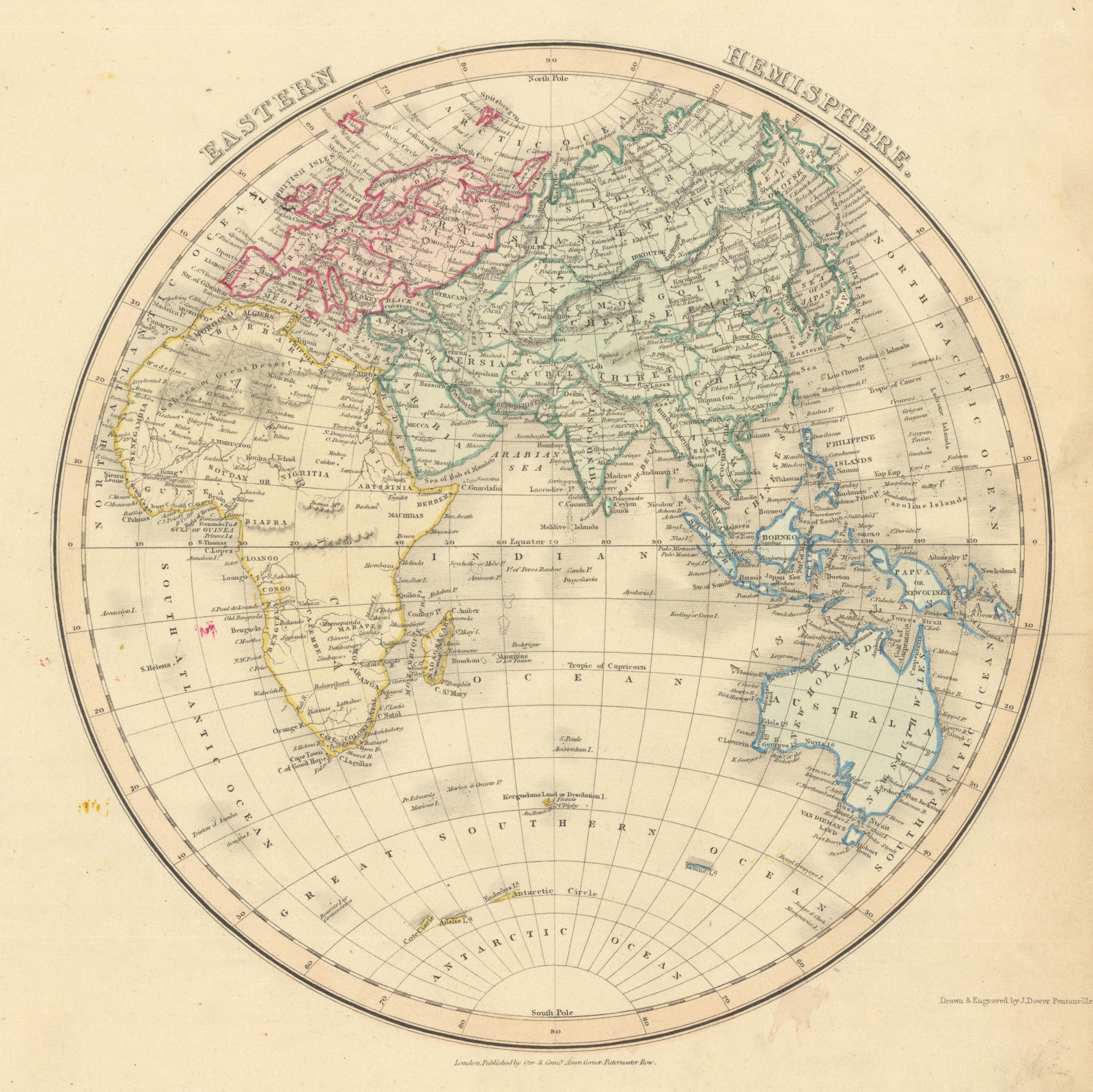 Eastern Hemisphere by John Dower. Europe, Africa, Asia & Australasia 1845 map