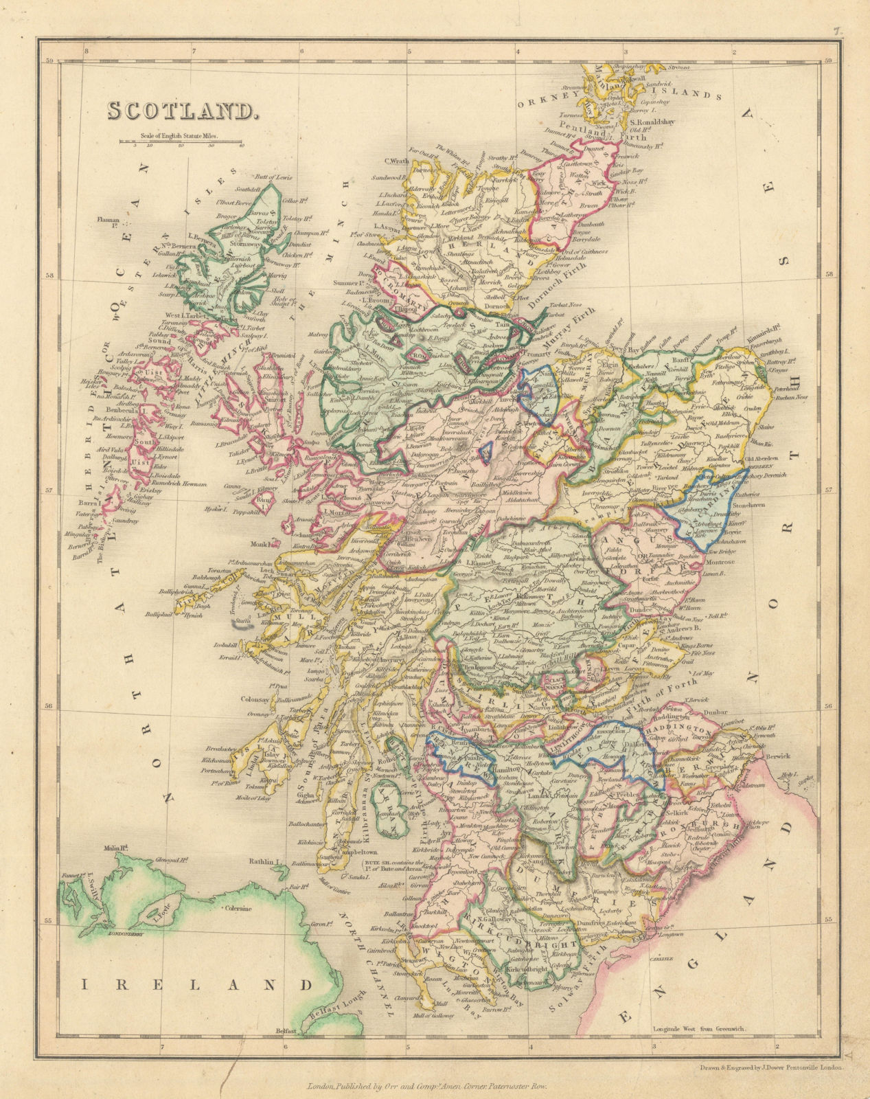 Scotland in counties by John Dower 1845 old antique vintage map plan chart