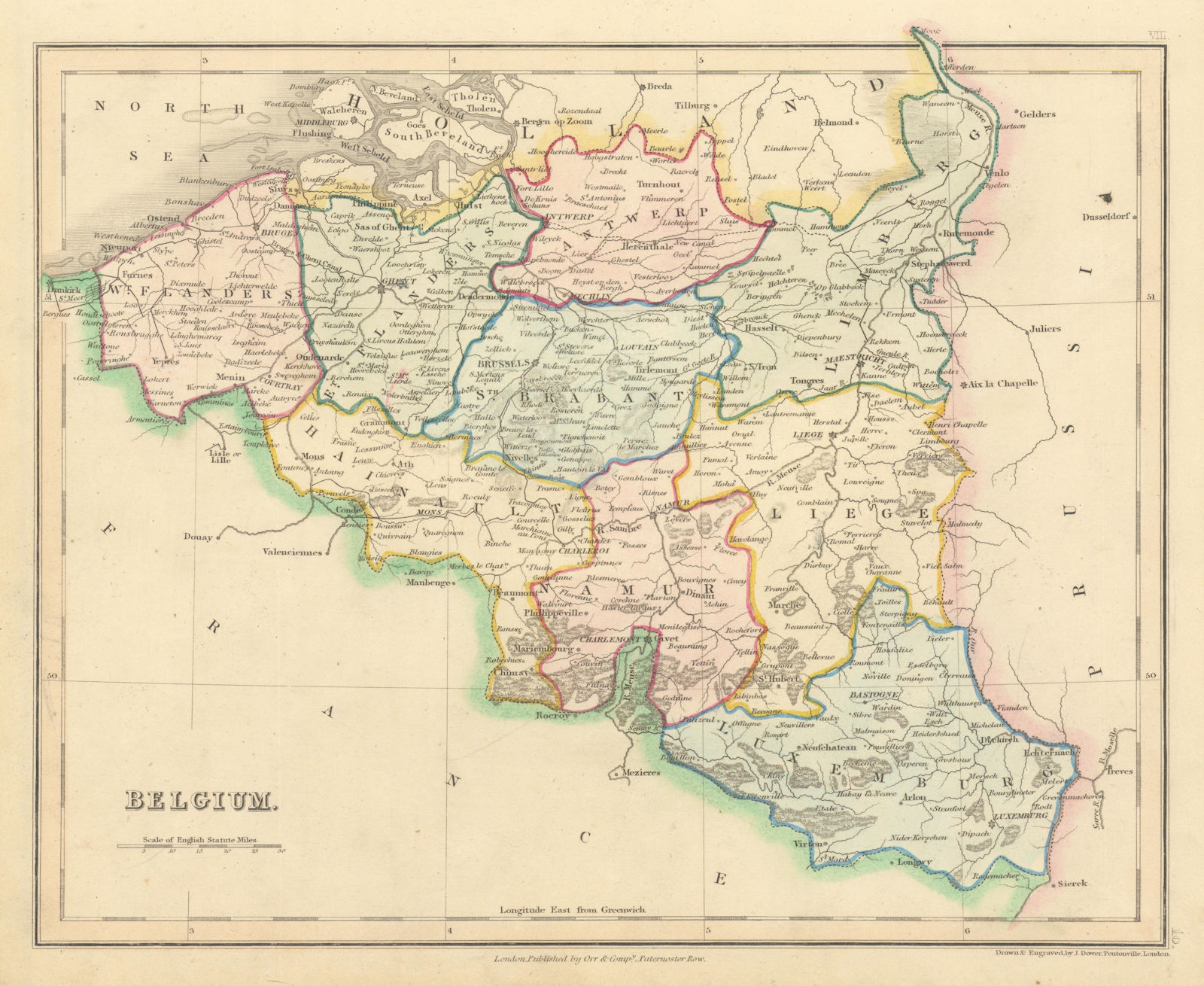 Belgium in provinces by John Dower. Includes Dutch Limburg 1845 old map