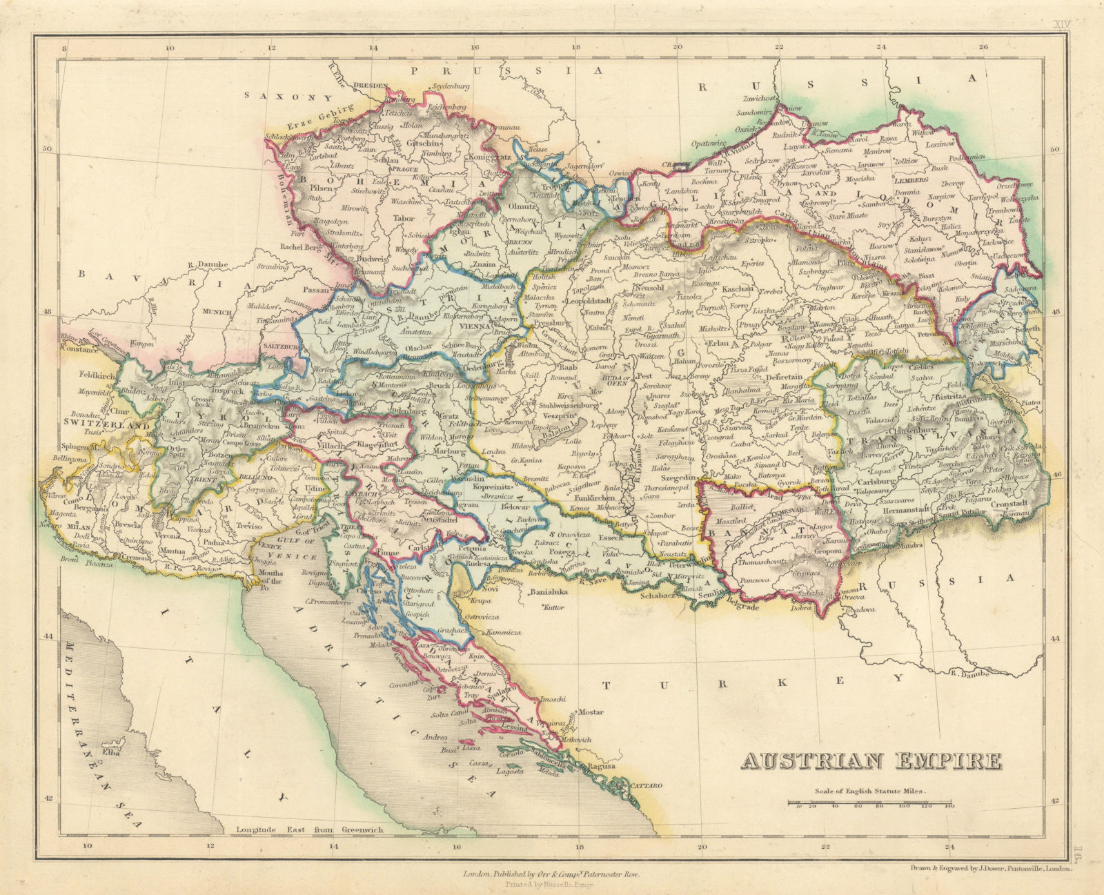 Austrian Empire. Hungary Czechia Lombardy Galicia Transylvania. DOWER 1845 map