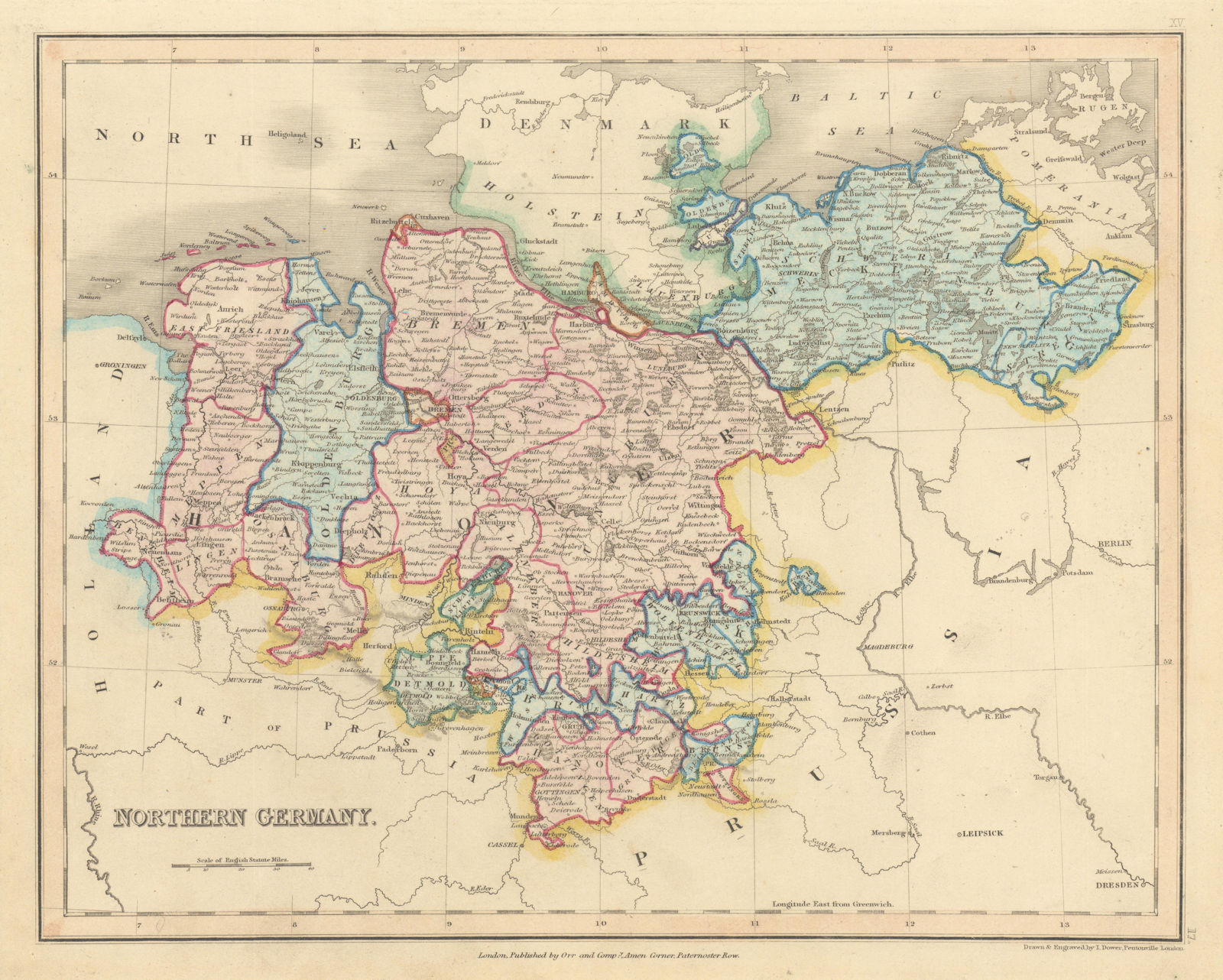 Northern Germany by John Dower. Hanover Mecklenburg Niedersachsen 1845 old map