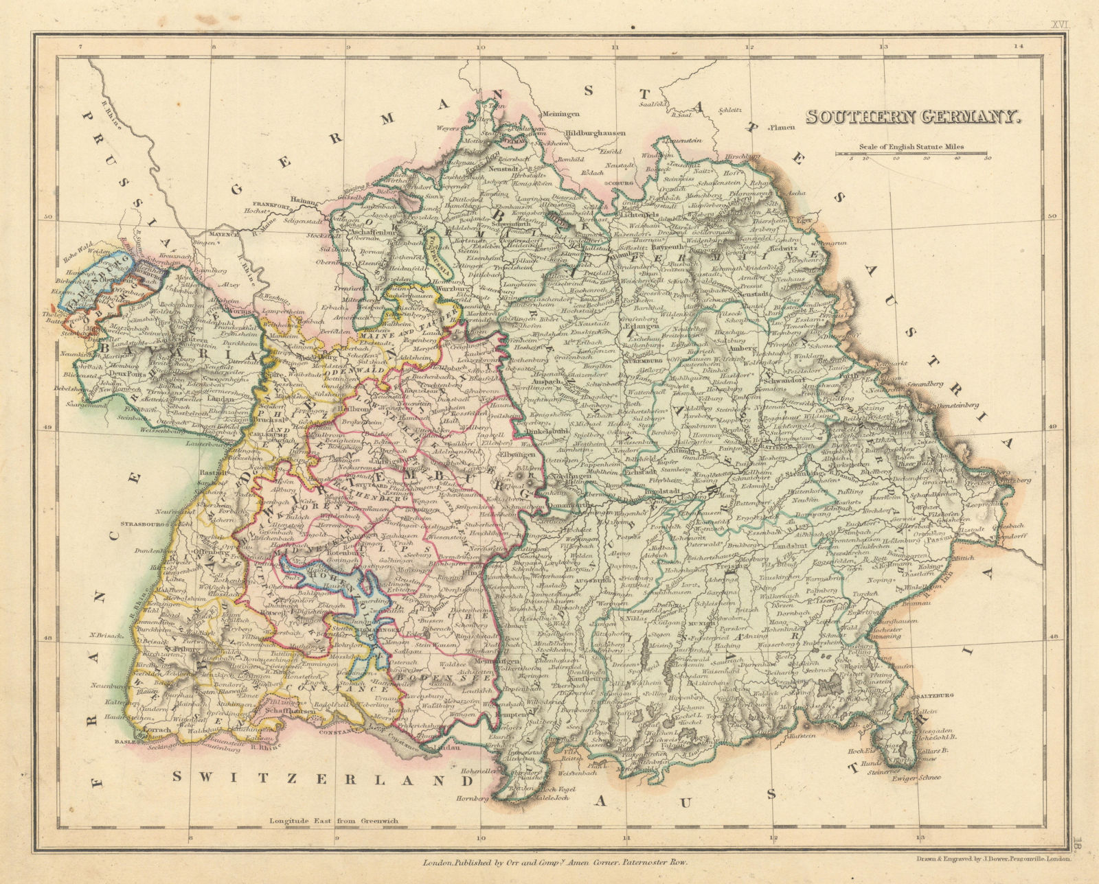 Southern Germany. Bavaria Baden-Wurtemberg Rheinland-Pfalz. DOWER 1845 old map