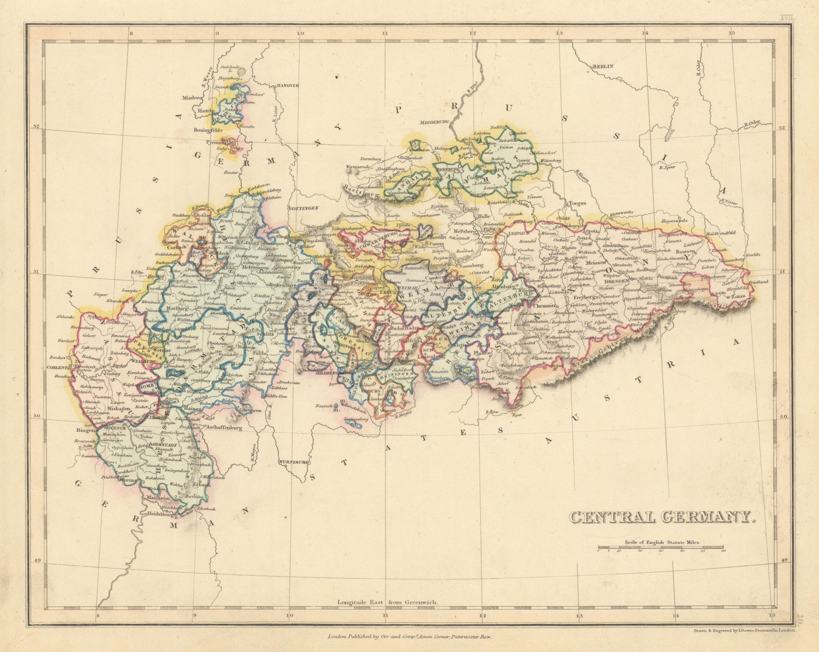 Associate Product Central Germany by John Dower. Sachsen Thuringen Hessen Rheinland-Pfalz 1845 map