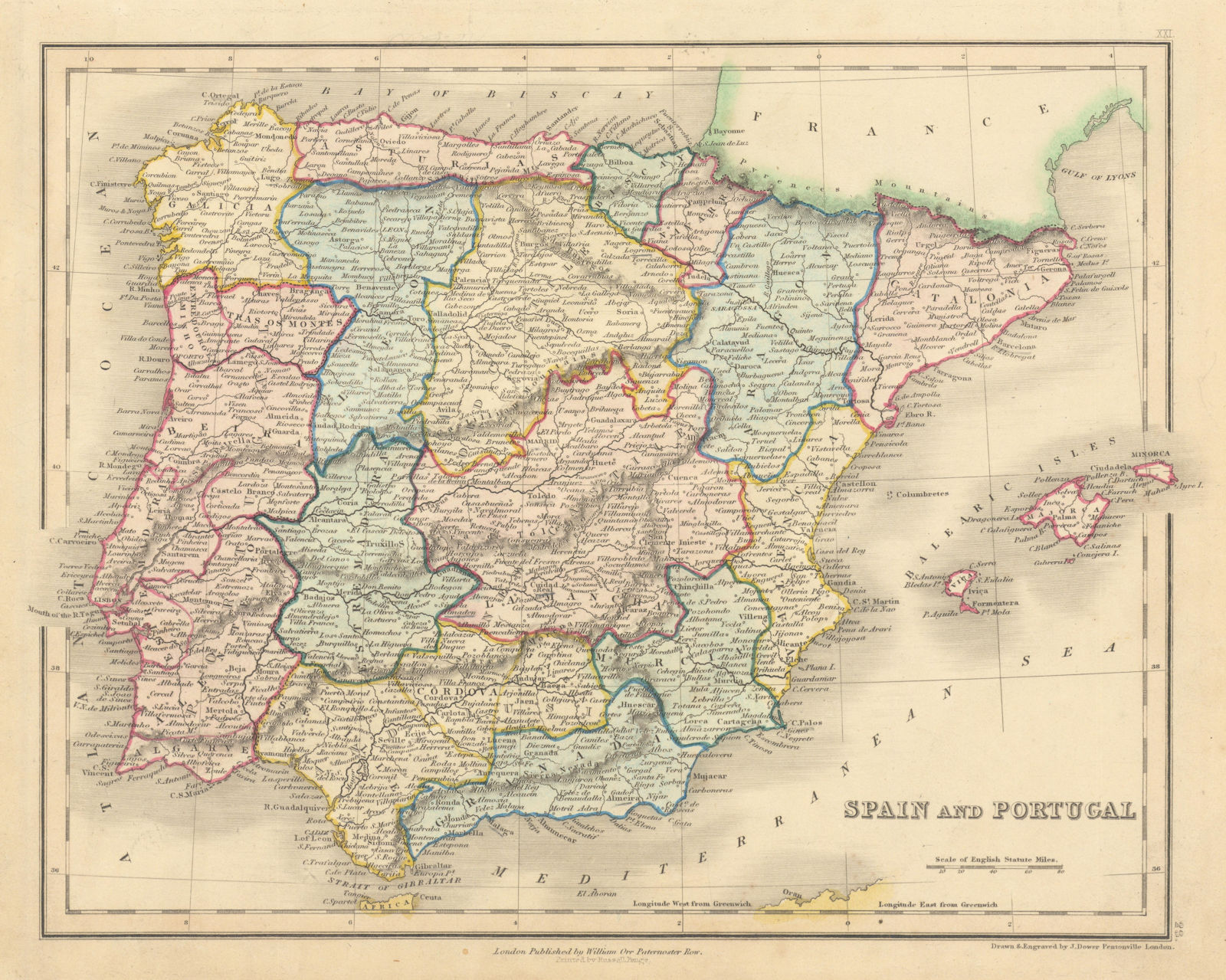 Spain and Portugal in provinces by John Dower 1845 old antique map plan chart
