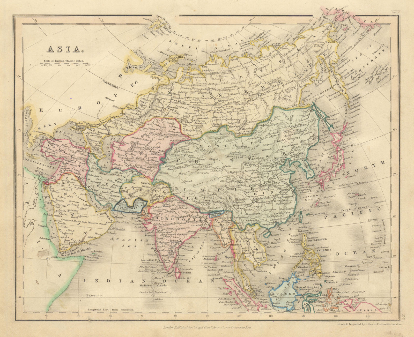 Asia by John Dower. Arabia Tartary Persia Siam Hindoostan Niphon 1845 old map