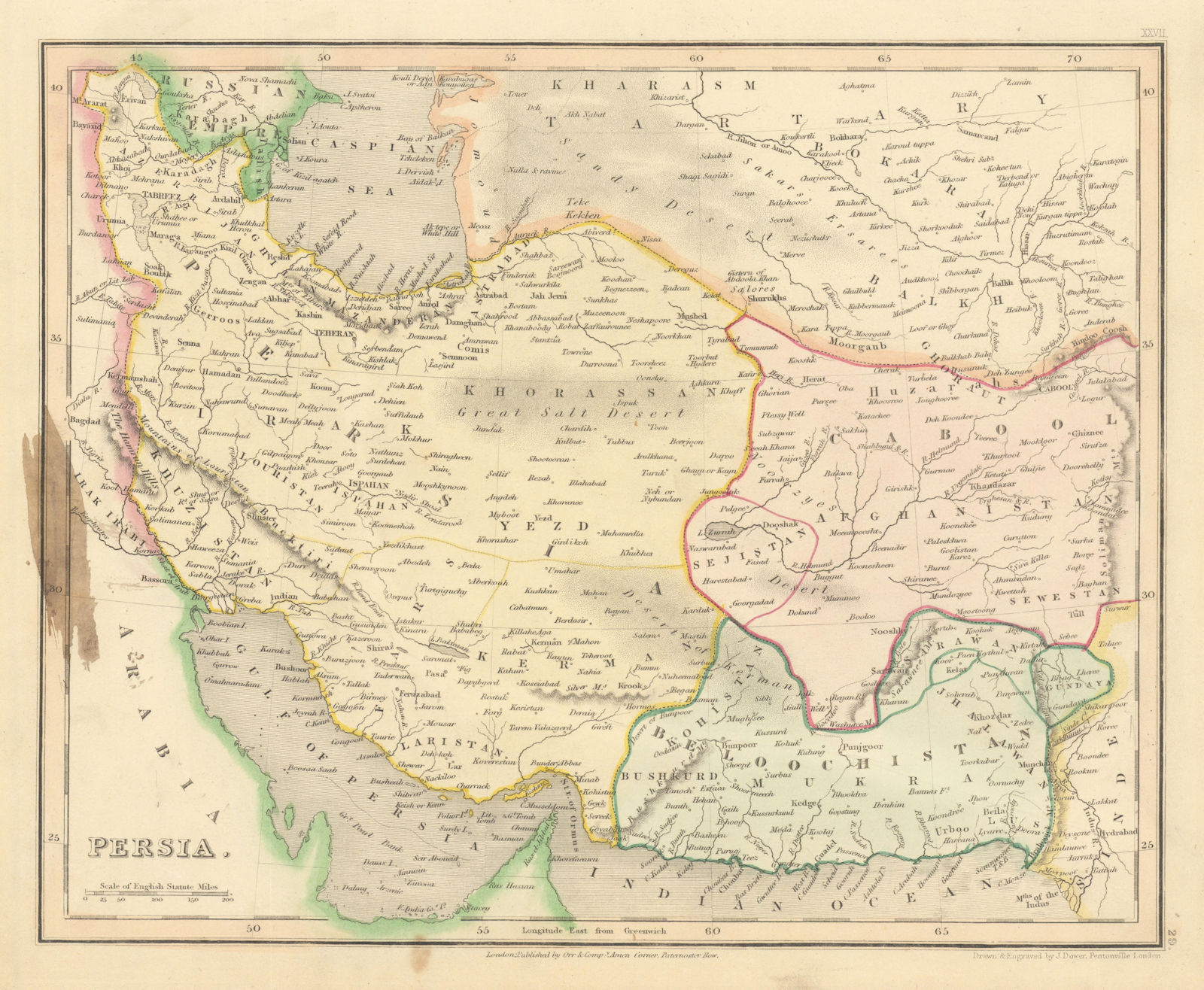 Persia by John Dower. Iran Afghanistan pakistan Beloochistan 1845 old map