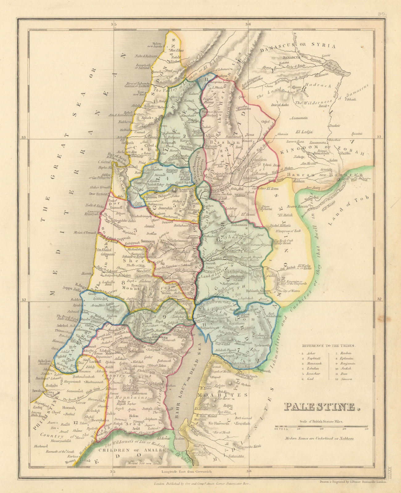 Palestine. 12 tribes of Israel. West Jordan & Southern Lebanon. DOWER 1845 map