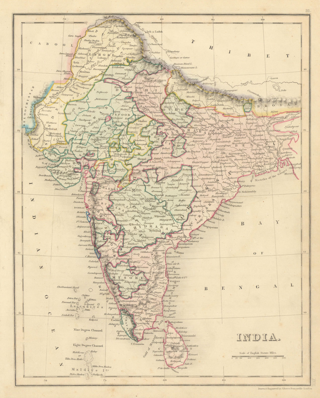 British India by John Dower. Pakistan Bangladesh Sri Lanka Ceylon 1845 old map
