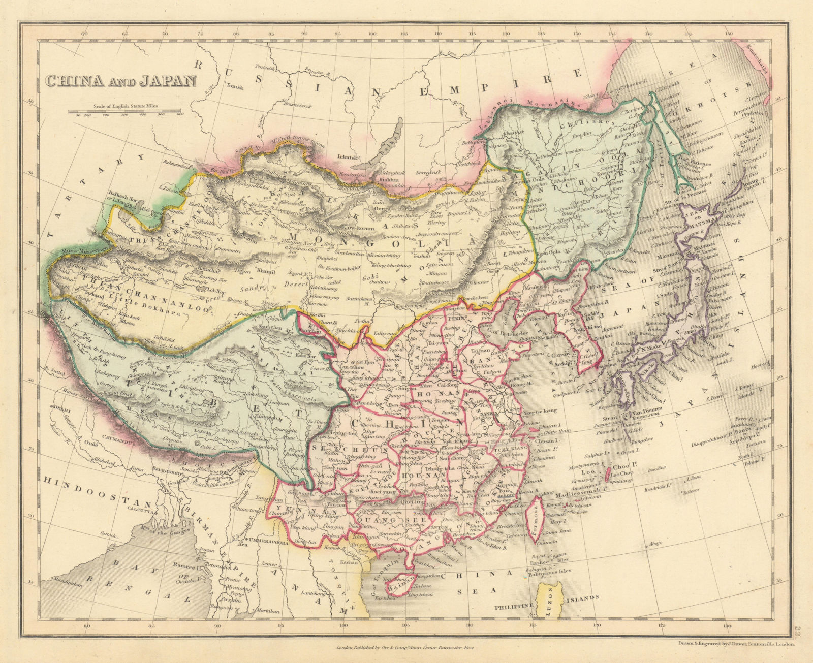 China and Japan by John Dower. Tibet Mongolia Manchuria Niphon 1845 old map
