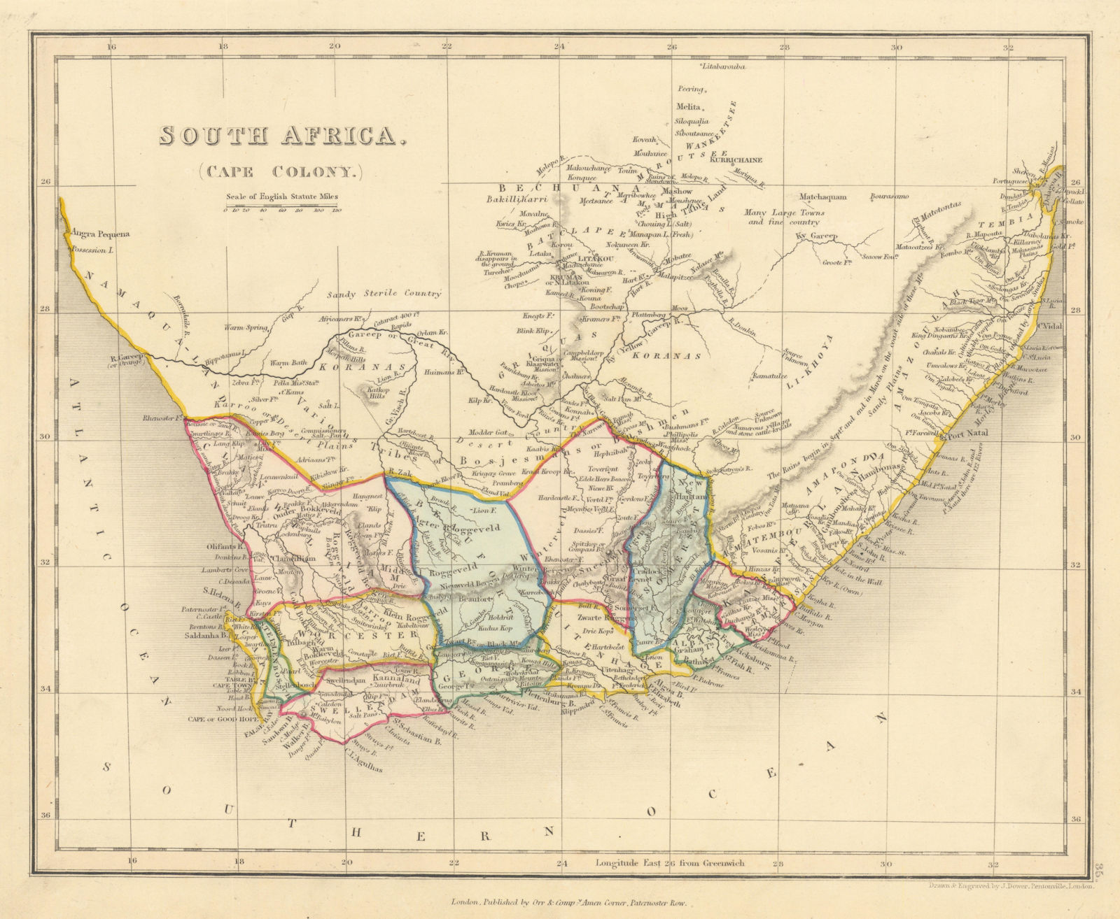 South Africa (Cape Colony) by John Dower. Western Cape regions/counties 1845 map