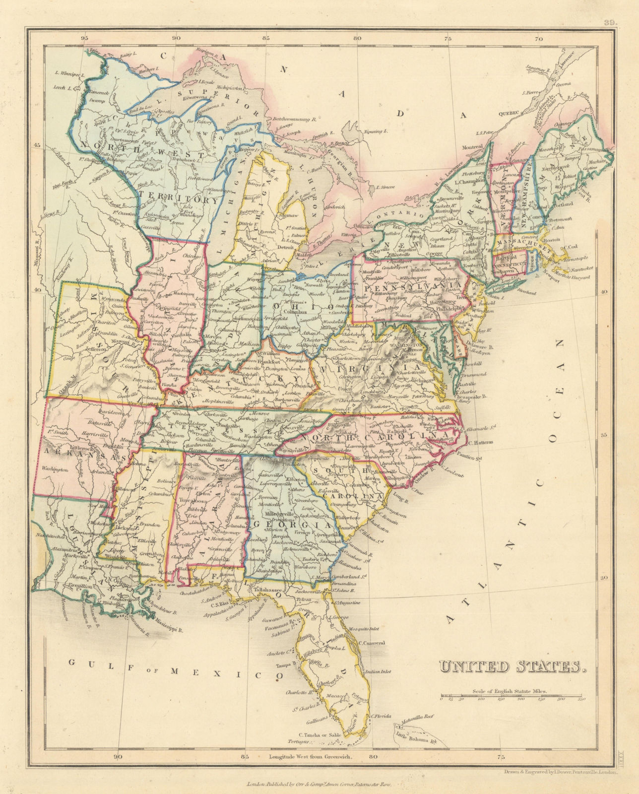 United States. Northwest/Wisconsin Territory Florida. w/o Texas. DOWER 1845 map
