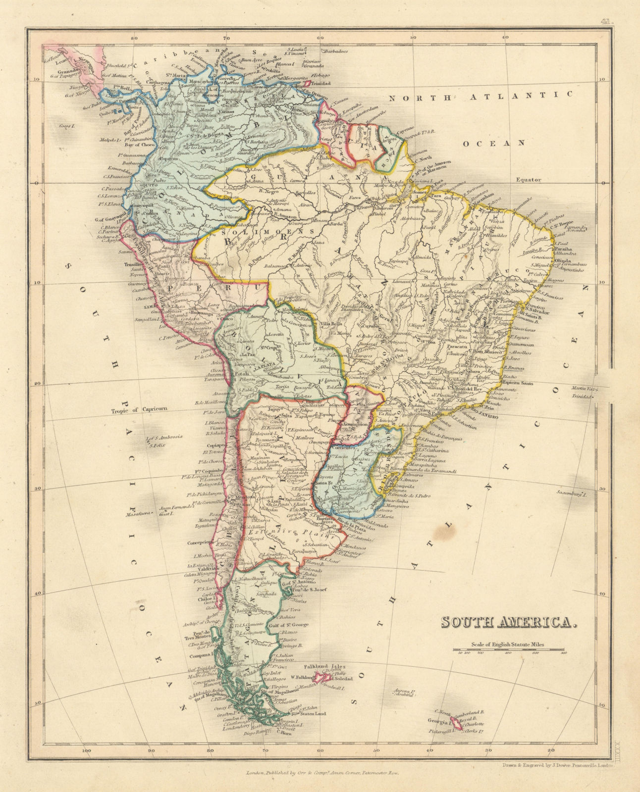 South America by John Dower. Gran Colombia. La Plata. Brazil 1845 old map
