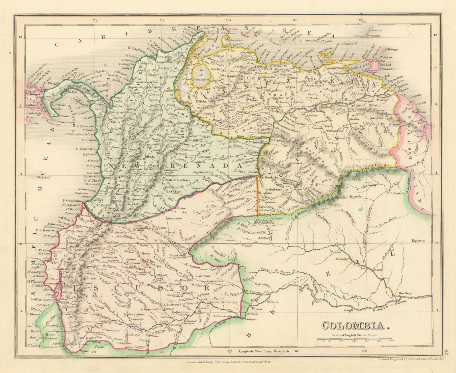 Gran Colombia. New Granada "Escudor" Ecuador Venezuela Guiana. DOWER 1845 map