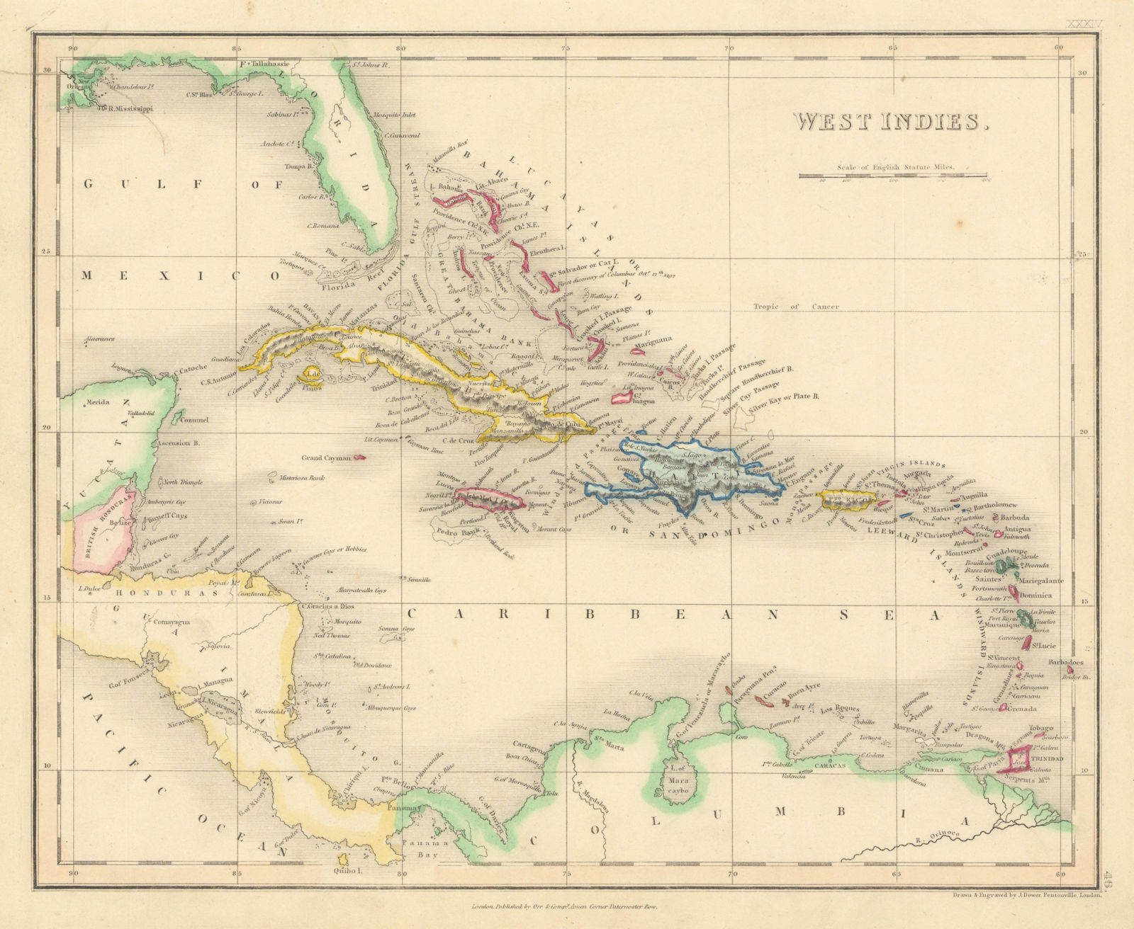 West Indies by John Dower. Caribbean Antilles 1845 old antique map plan chart