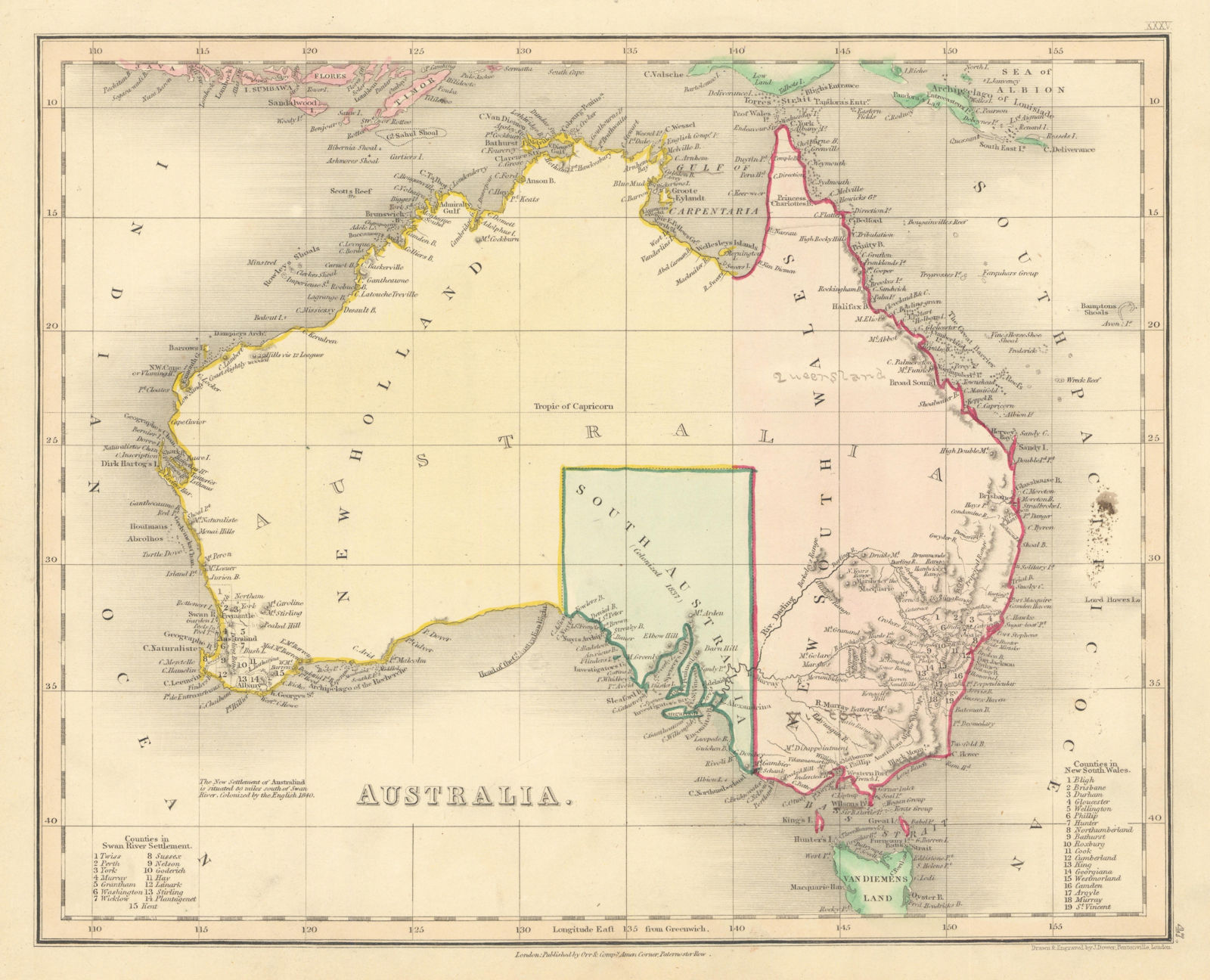 Australia by John Dower. New Holland New South Wales 1845 old antique map