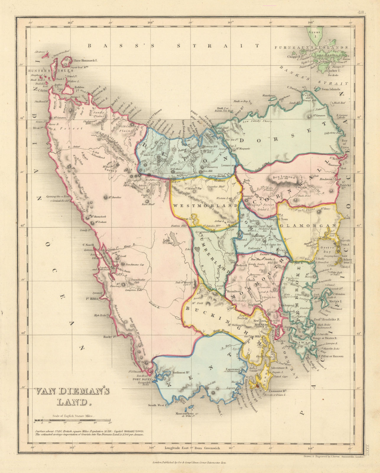Van Dieman's Land by John Dower. Tasmania in counties 1845 old antique map