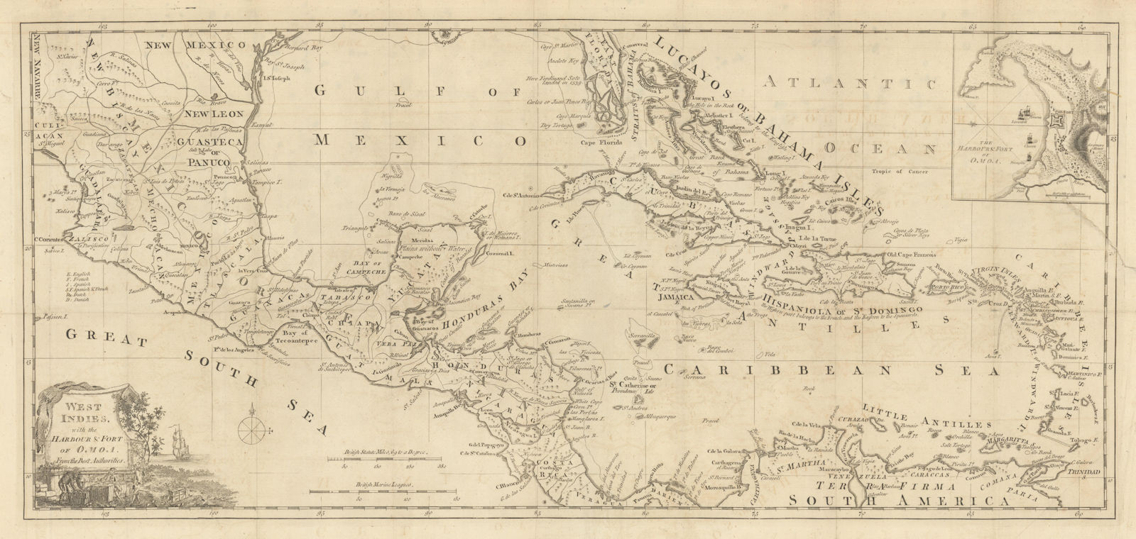 West Indies with the Harbour & Fort of Omoa from the best… JOHN LODGE 1780 map